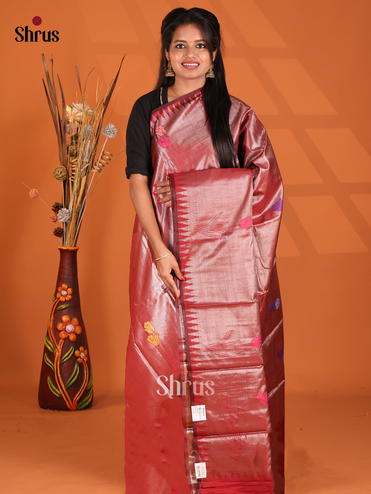 Maroon - Semi Jute Saree - Shop on Shrus.com