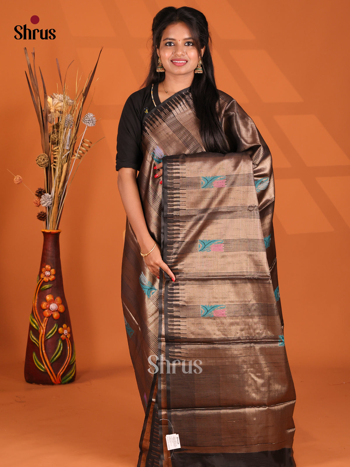 Black - Semi Jute Saree - Shop on Shrus.com