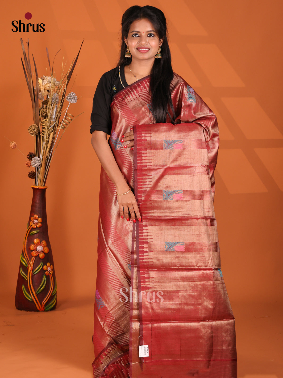 Maroon - Semi Jute Saree - Shop on Shrus.com