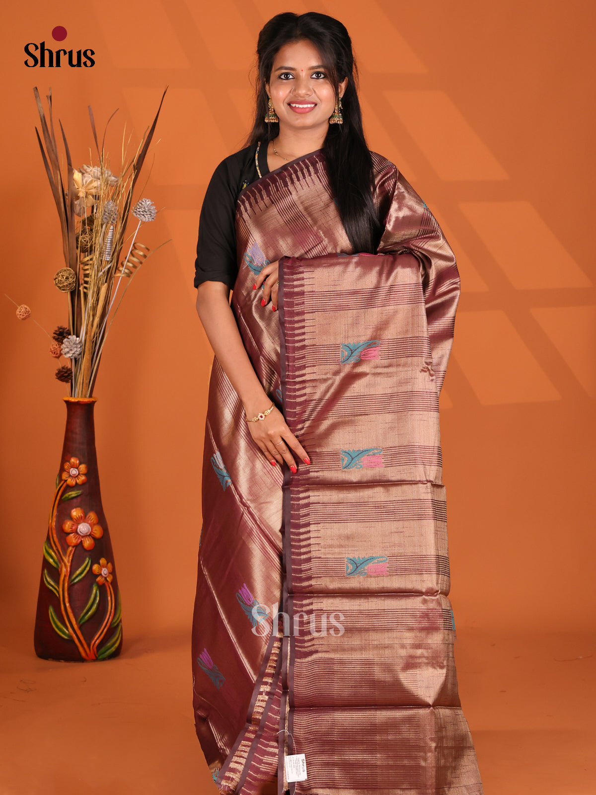 Maroon - Semi Jute Saree - Shop on Shrus.com