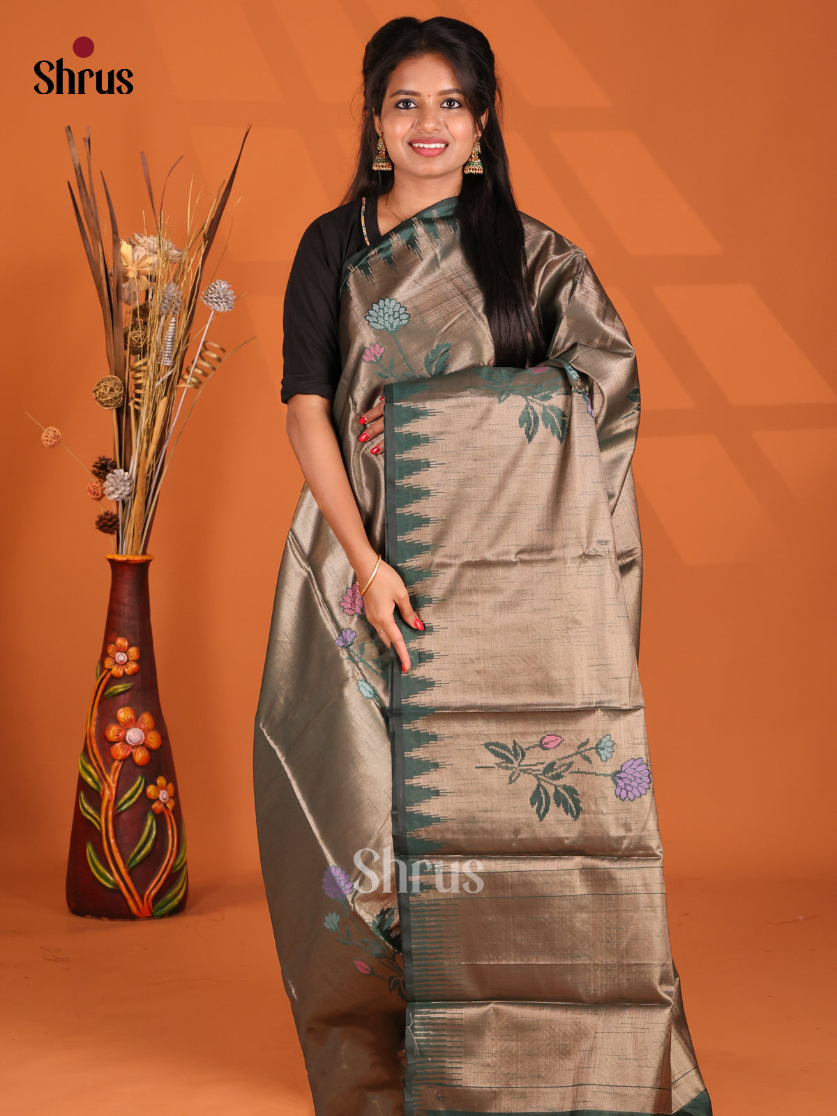 Green- Semi Jute Saree - Shop on Shrus.com