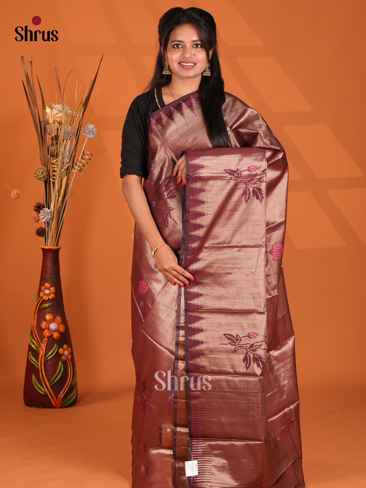 Maroon - Semi Jute Saree - Shop on Shrus.com