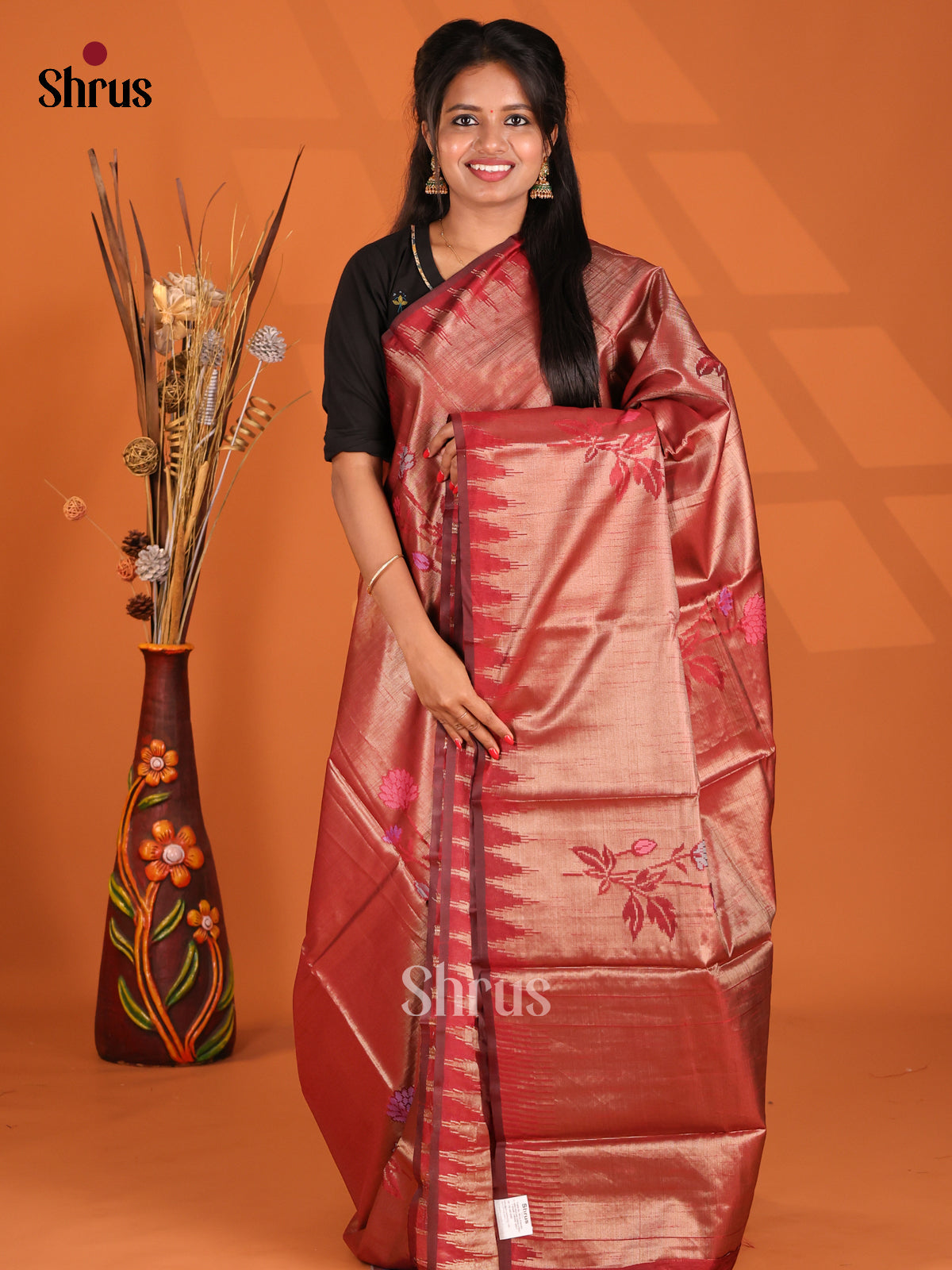 Red - Semi Jute Saree - Shop on Shrus.com