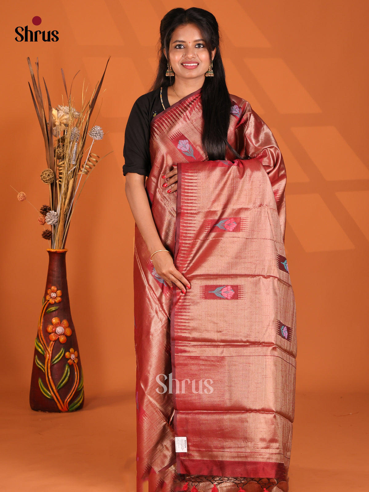 Red - Semi Jute Saree - Shop on Shrus.com