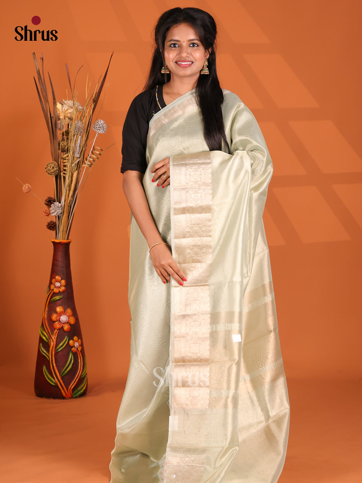 Mild Green - Semi Tissue Saree - Shop on Shrus.com
