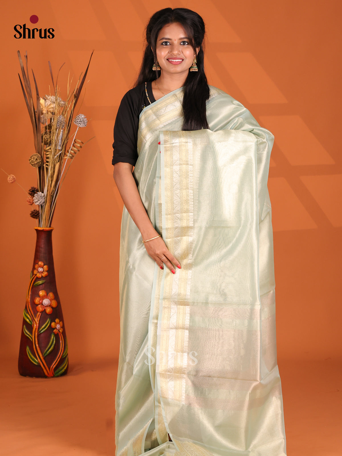 Ice Green- Semi Tissue Saree - Shop on Shrus.com