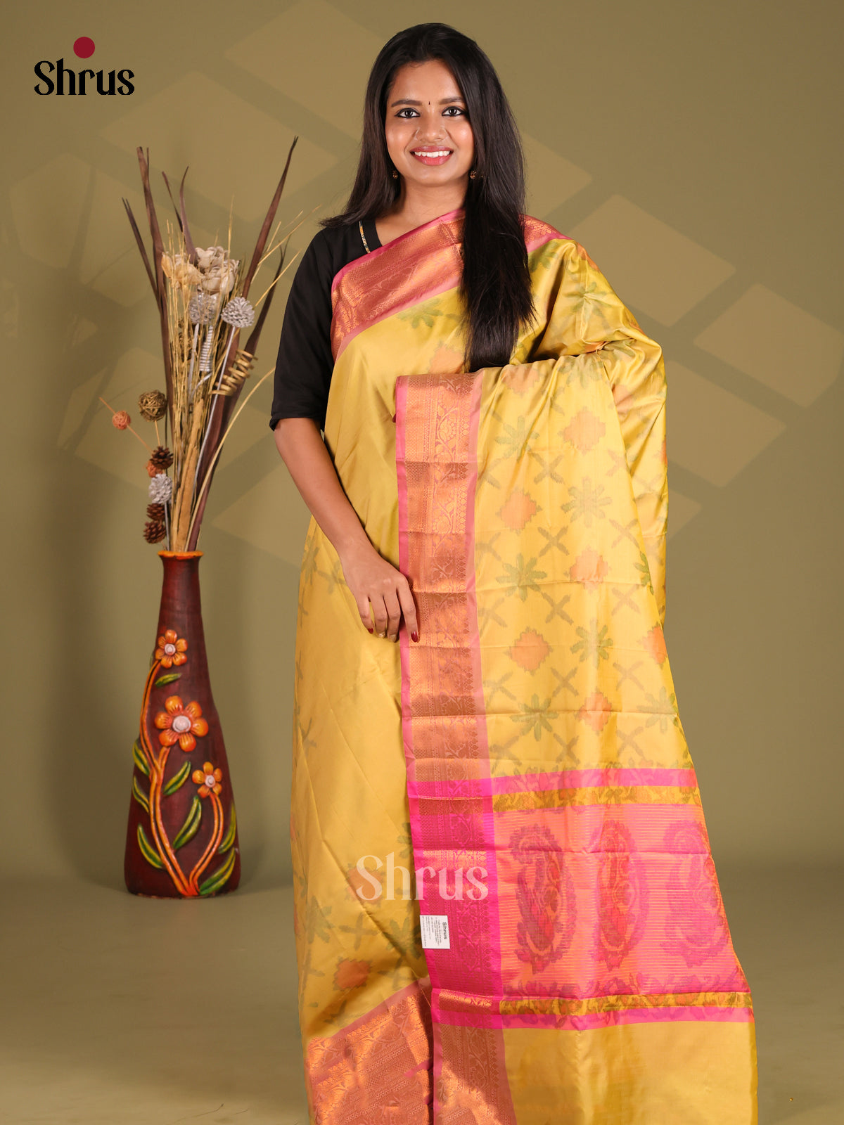 Yellow & Pink - Semi Pochampally Saree - Shop on Shrus.com
