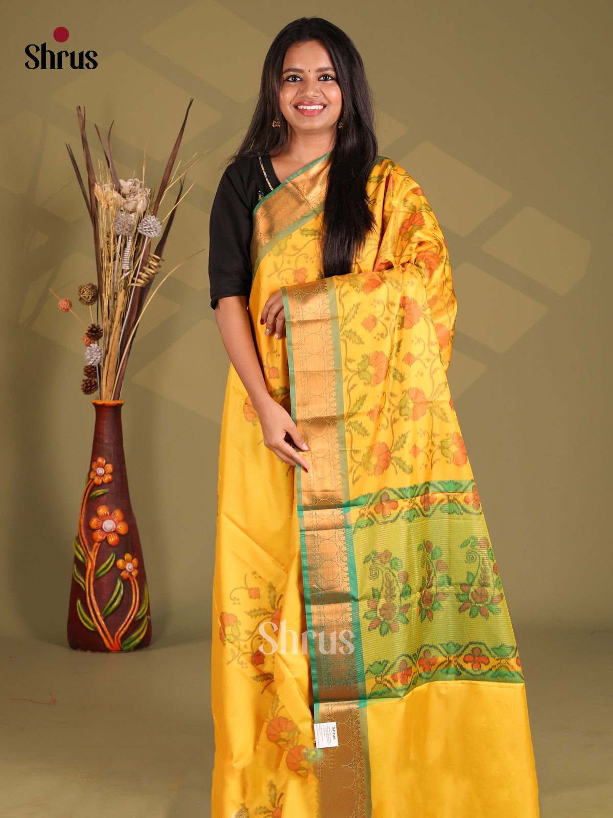 Yellow & Green - Semi Pochampally Saree - Shop on Shrus.com