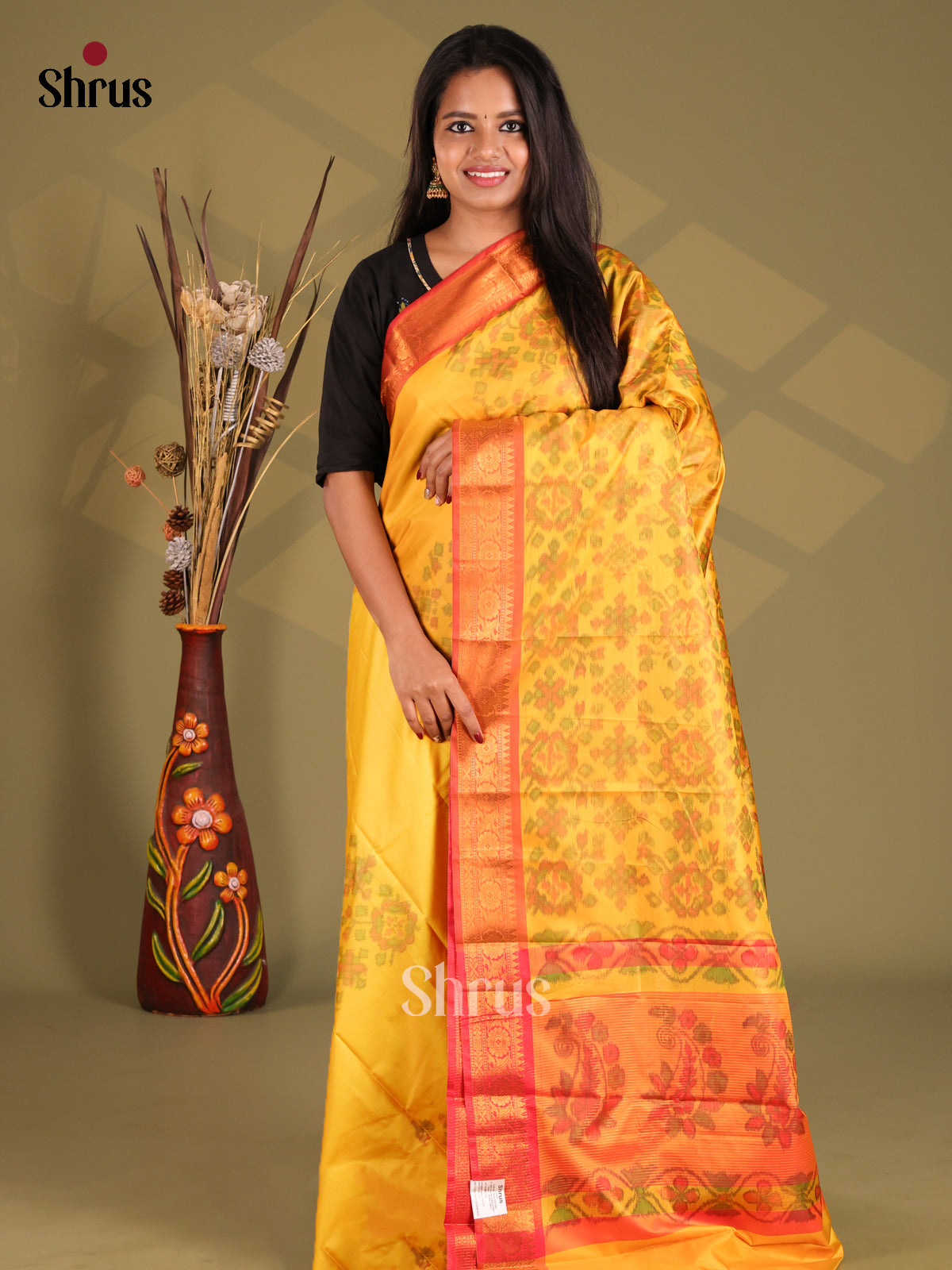 Yellow & Orange- Semi Pochampally Saree - Shop on Shrus.com