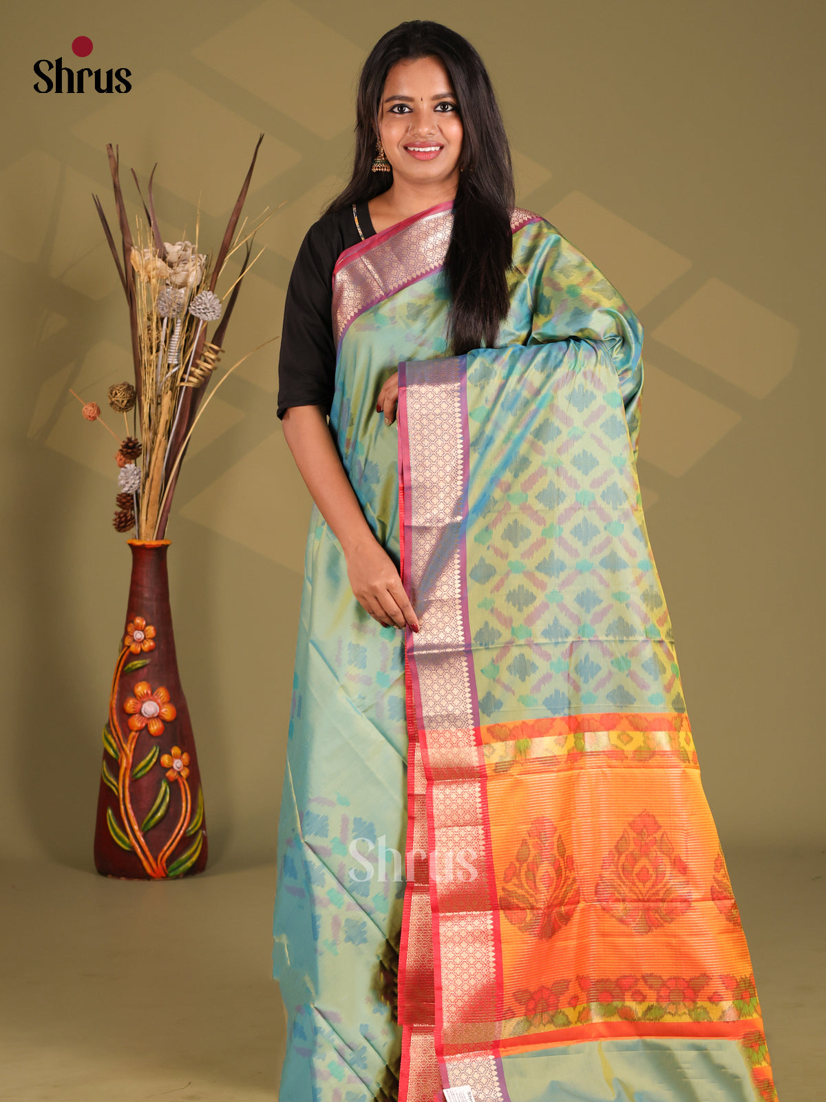 Blue & Orange- Semi Pochampally Saree