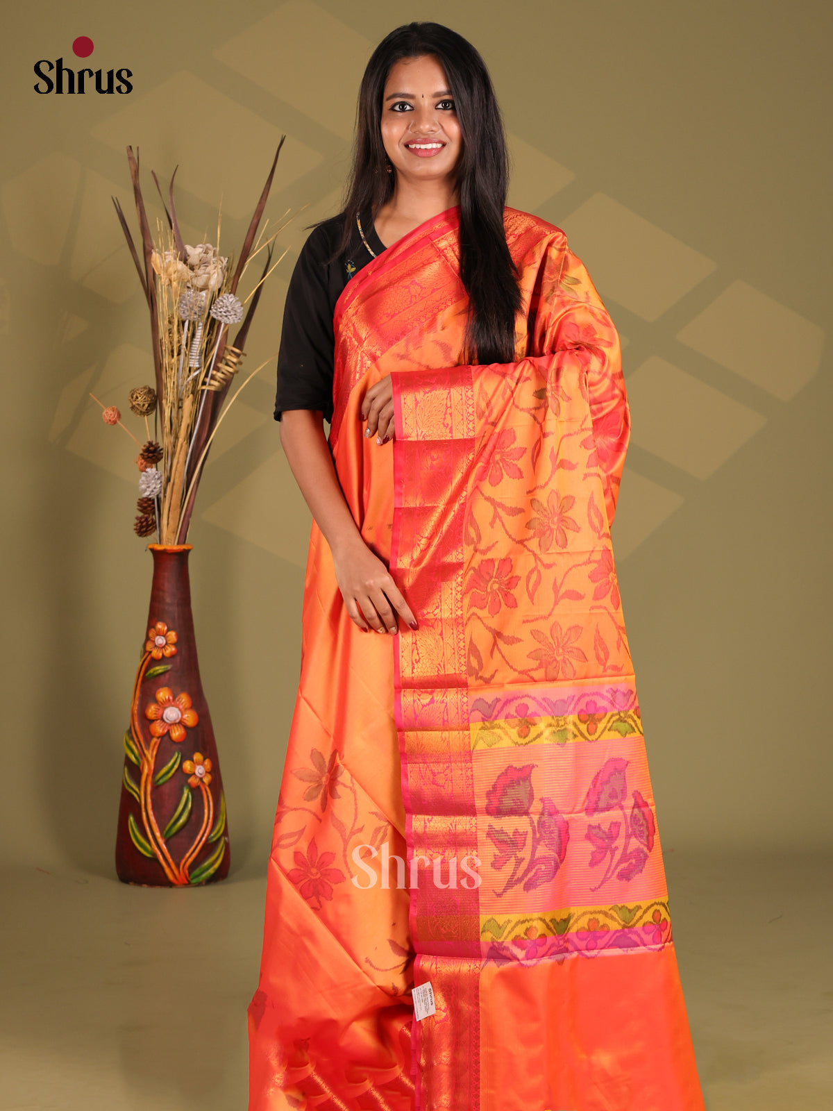 Orange & Pink - Semi Pochampally Saree - Shop on Shrus.com