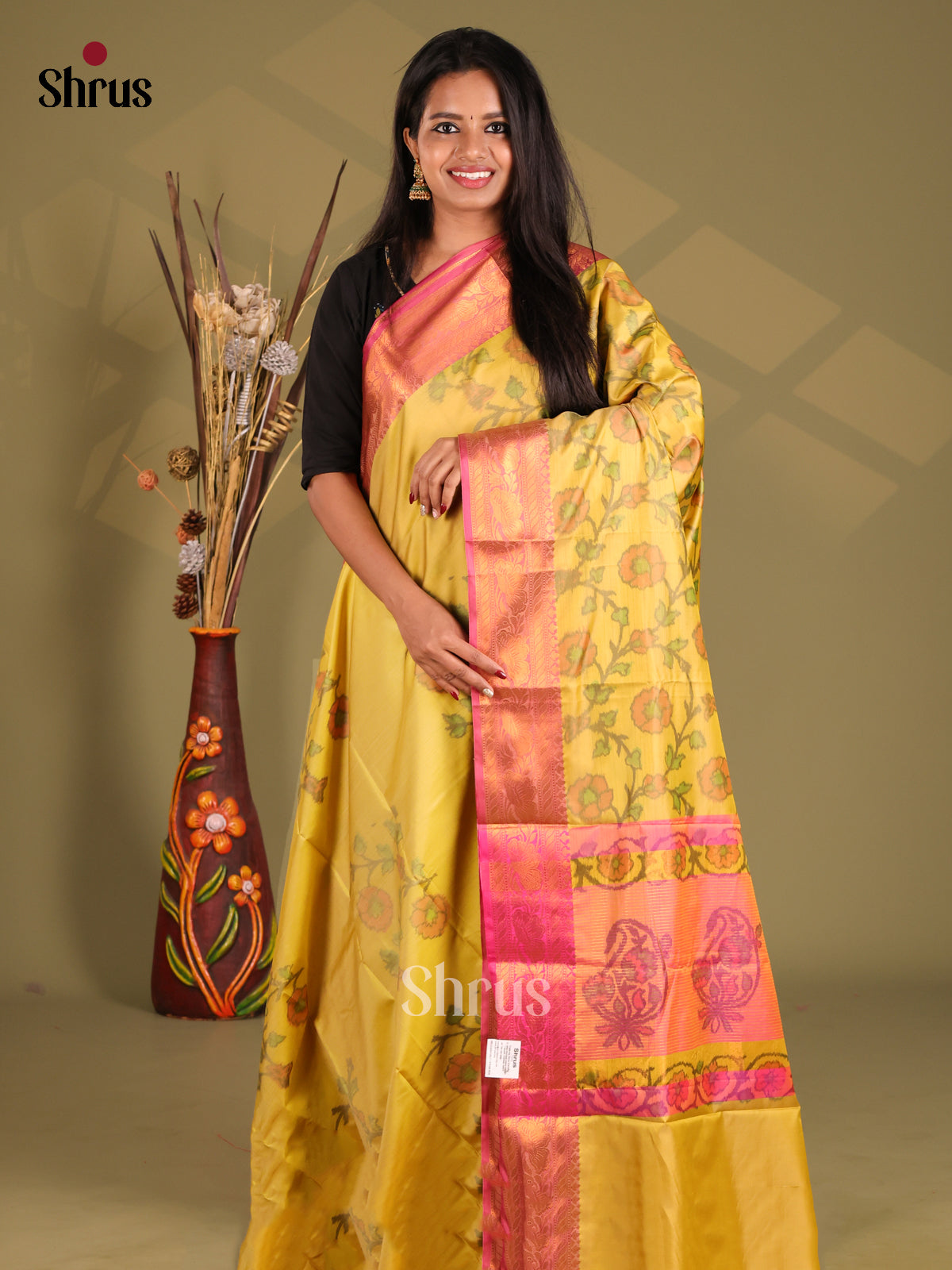 Yellow & Pink- Semi Pochampally Saree - Shop on Shrus.com