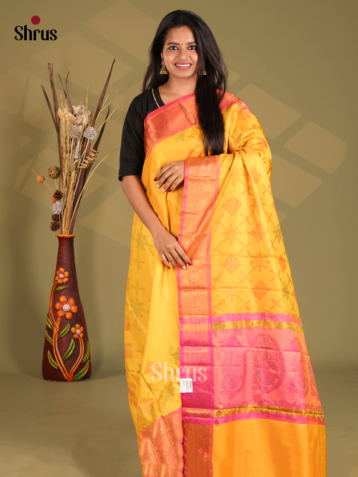 Yellow & Pink - Semi Pochampally Saree - Shop on Shrus.com