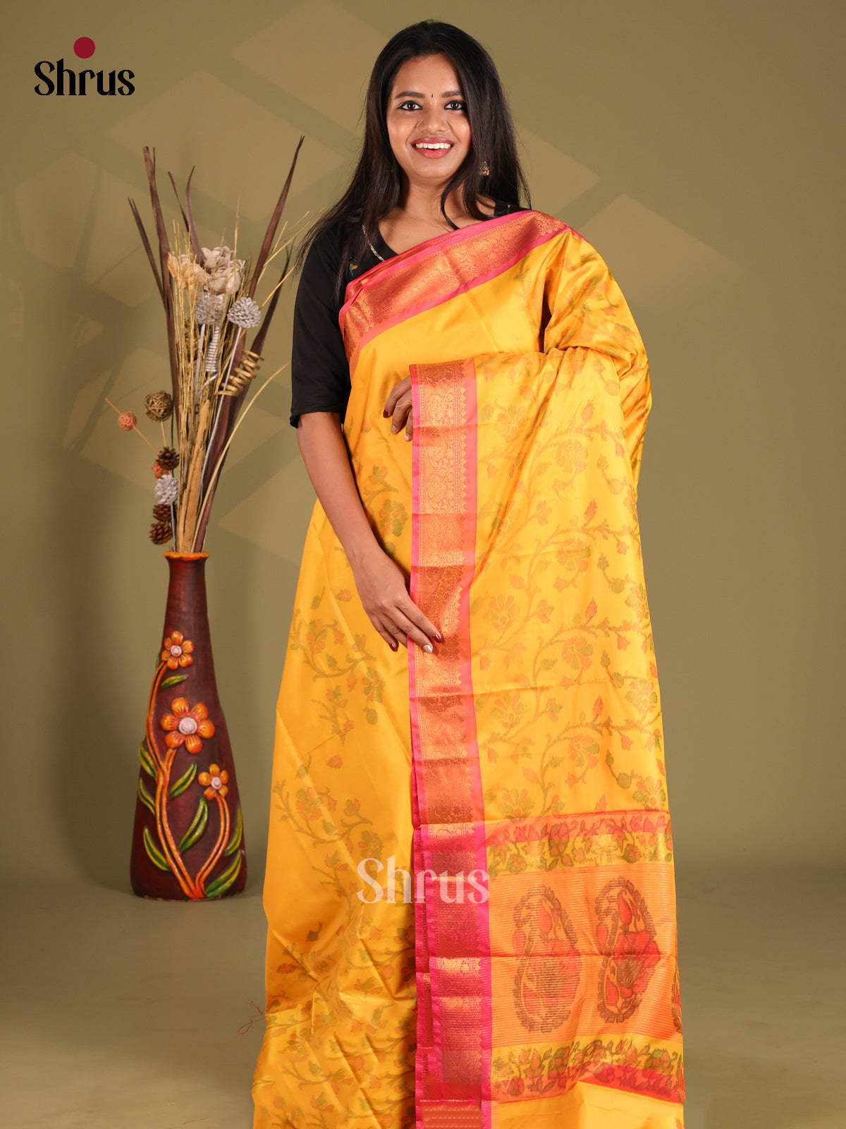 Yellow & Pink - Semi Pochampally Saree - Shop on Shrus.com