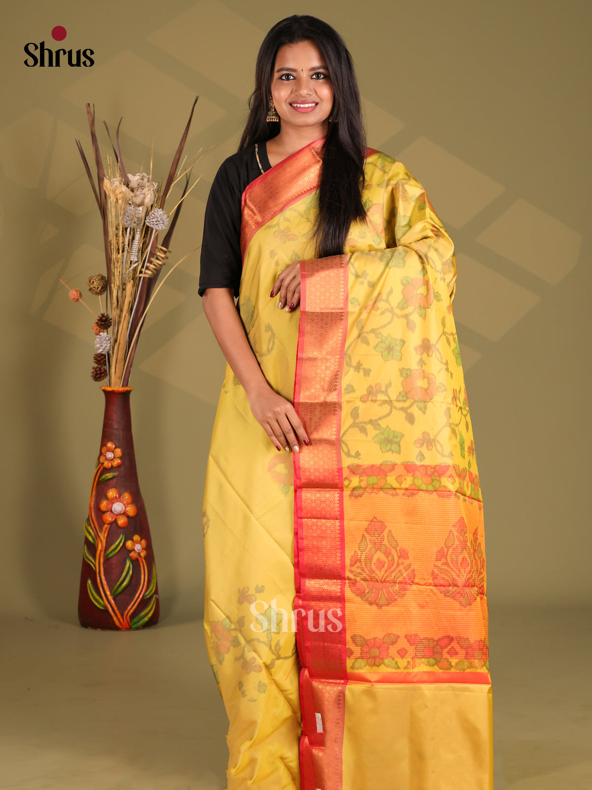 Yellow & Orange - Semi Pochampally Saree - Shop on Shrus.com