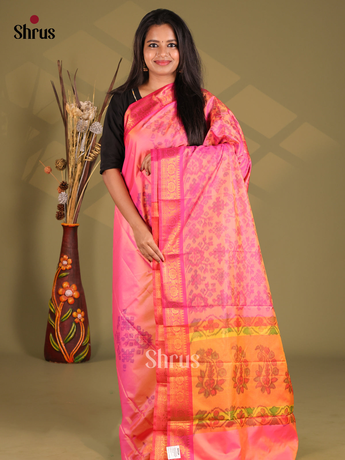 Pink & Orange - Semi Pochampally Saree - Shop on Shrus.com