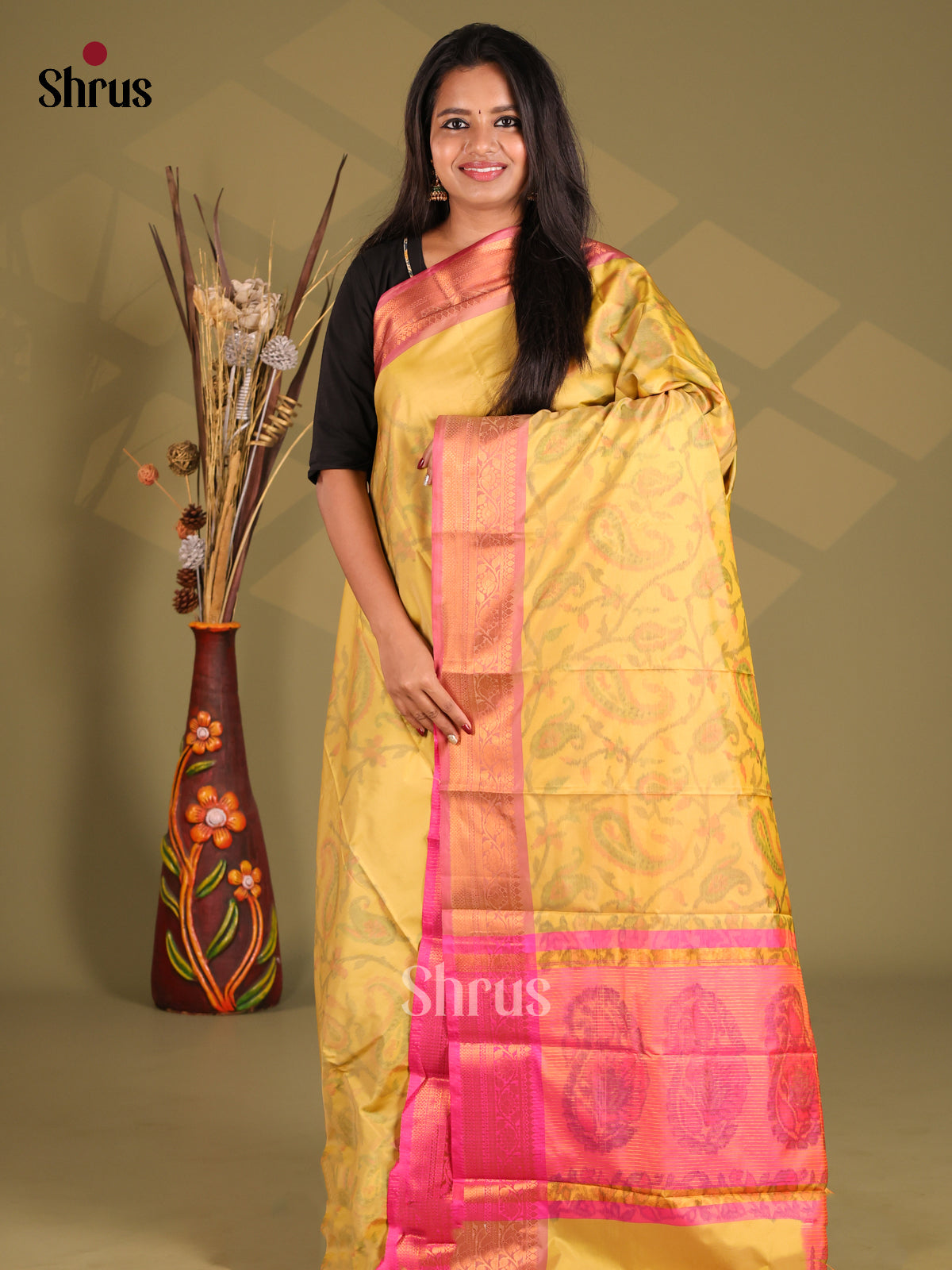 Yellow & Pink - Semi Pochampally Saree - Shop on Shrus.com