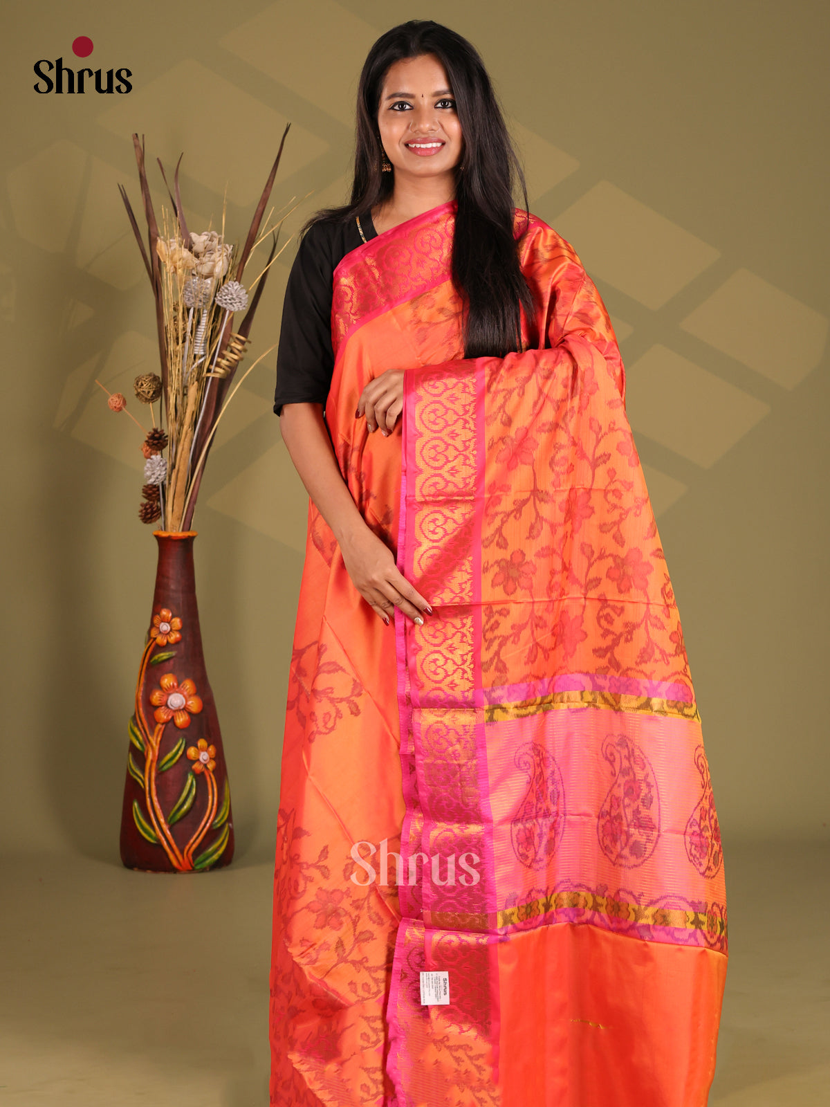 Orange & Pink - Semi Pochampally Saree - Shop on Shrus.com