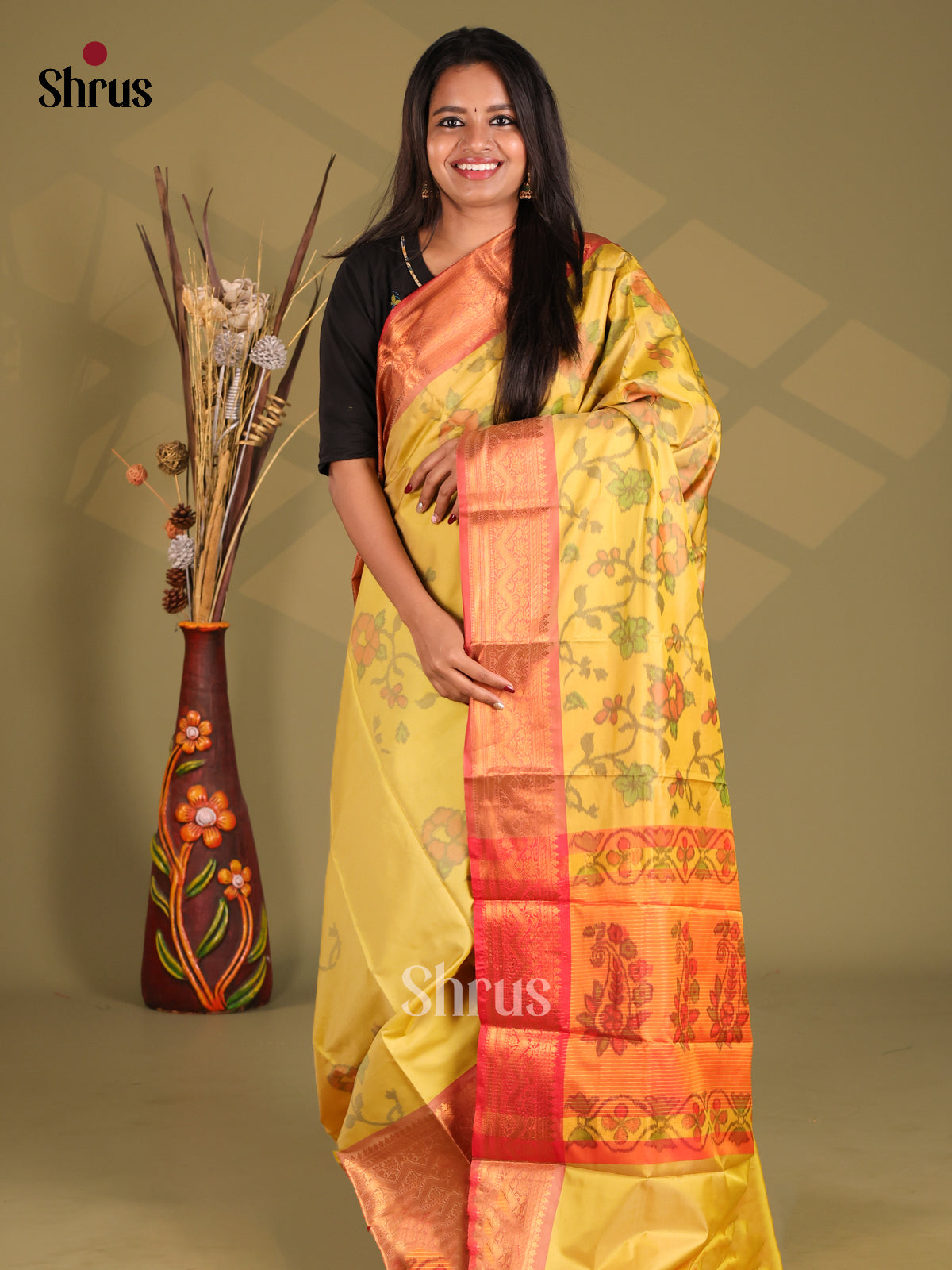 Yellow & Orange - Semi Pochampally Saree - Shop on Shrus.com