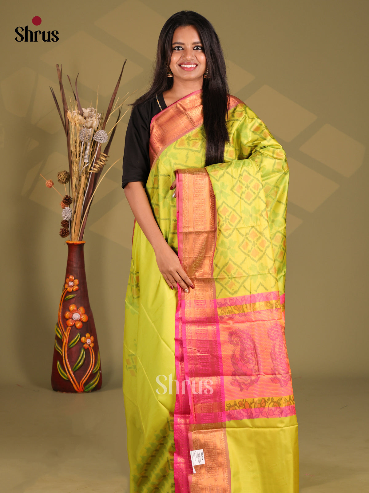 Light Green & Pink - Semi Pochampally Saree - Shop on Shrus.com