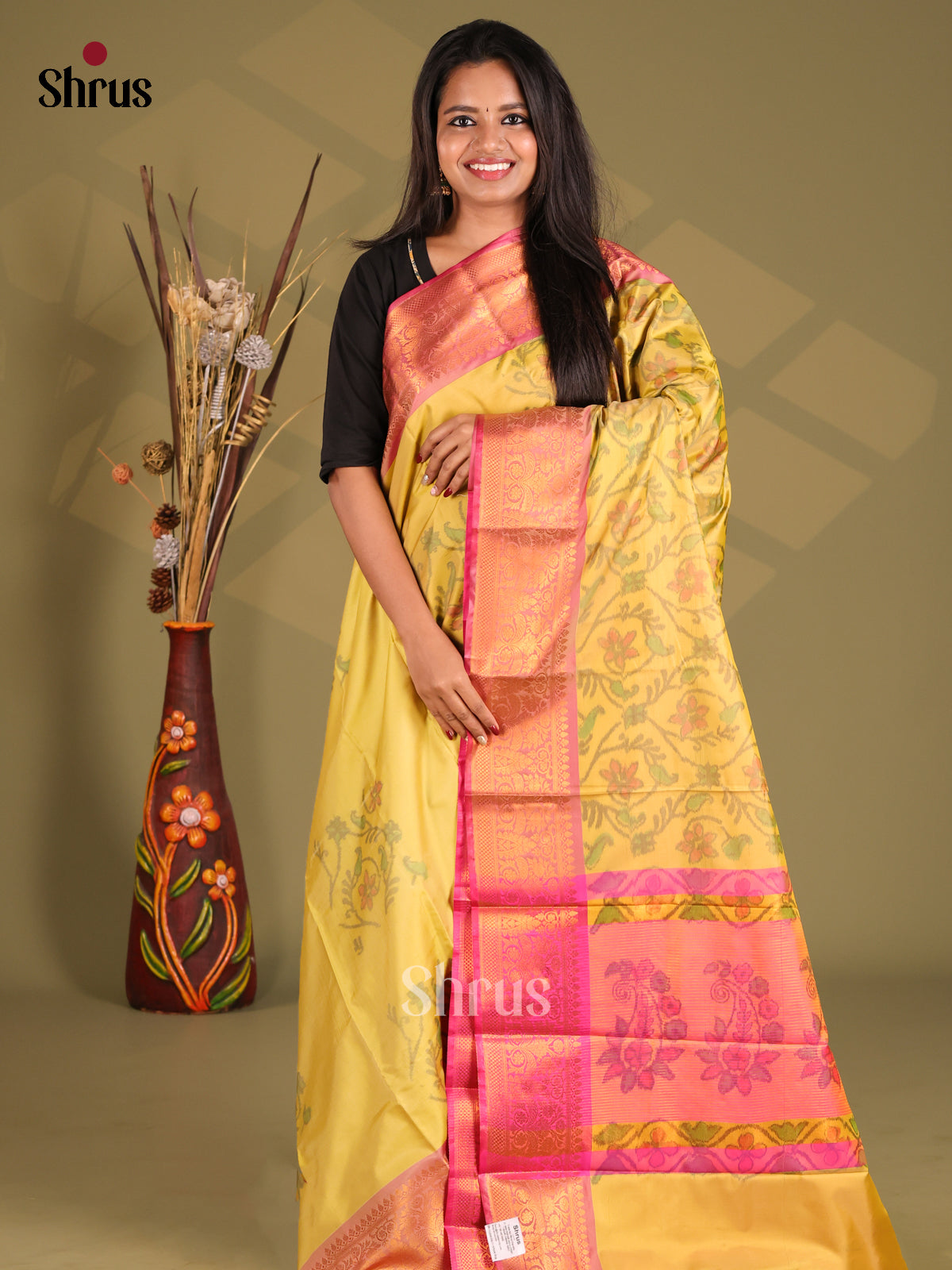 Yellow & Pink - Semi Pochampally Saree - Shop on Shrus.com