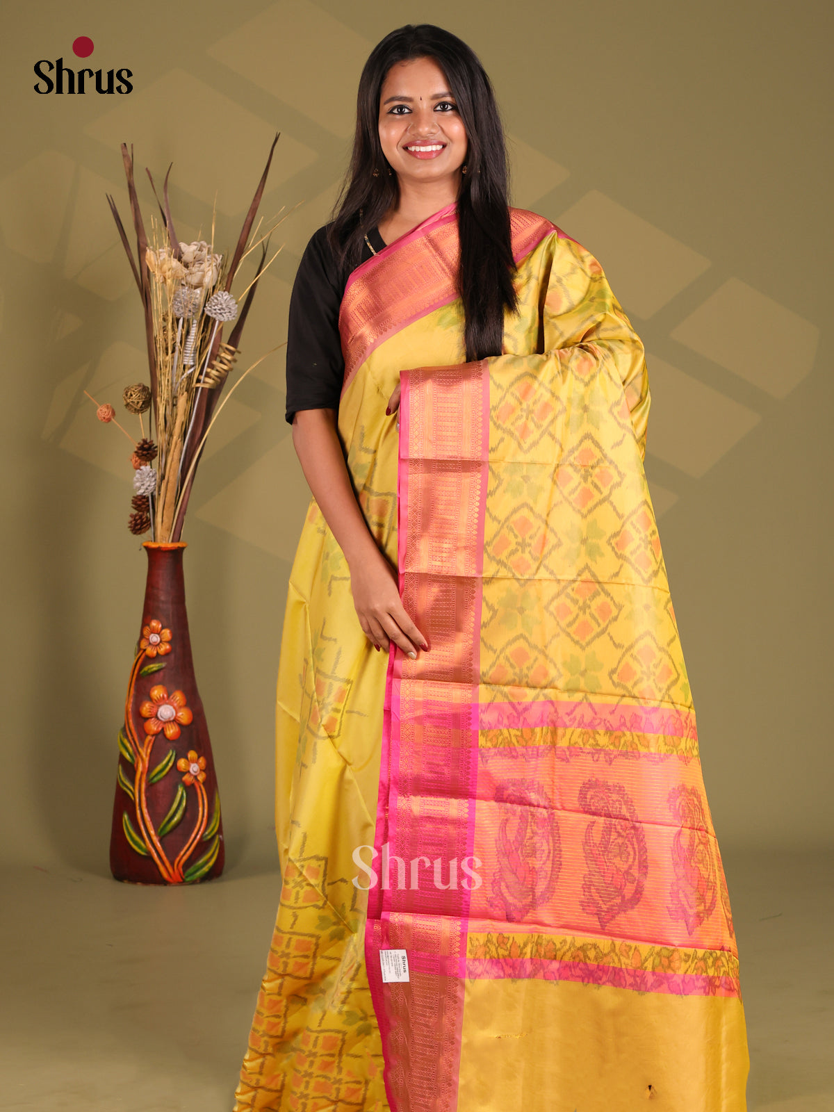 Yellow & Pink - Semi Pochampally Saree - Shop on Shrus.com