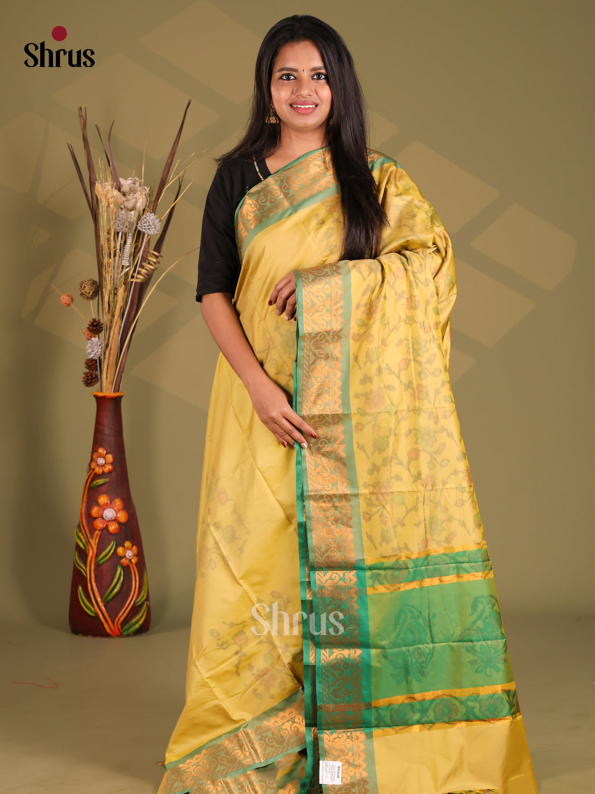 Yellow & Green - Semi Pochampally Saree - Shop on Shrus.com