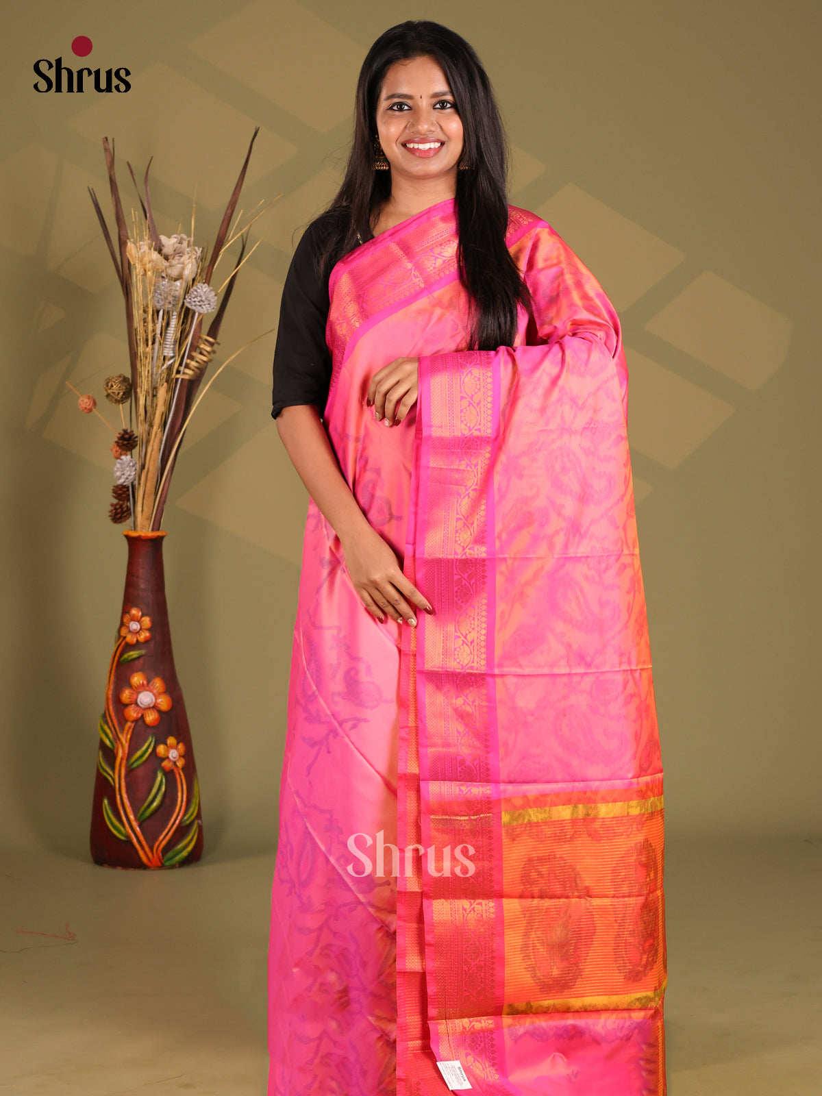 Pink & Orange - Semi Pochampally Saree - Shop on Shrus.com