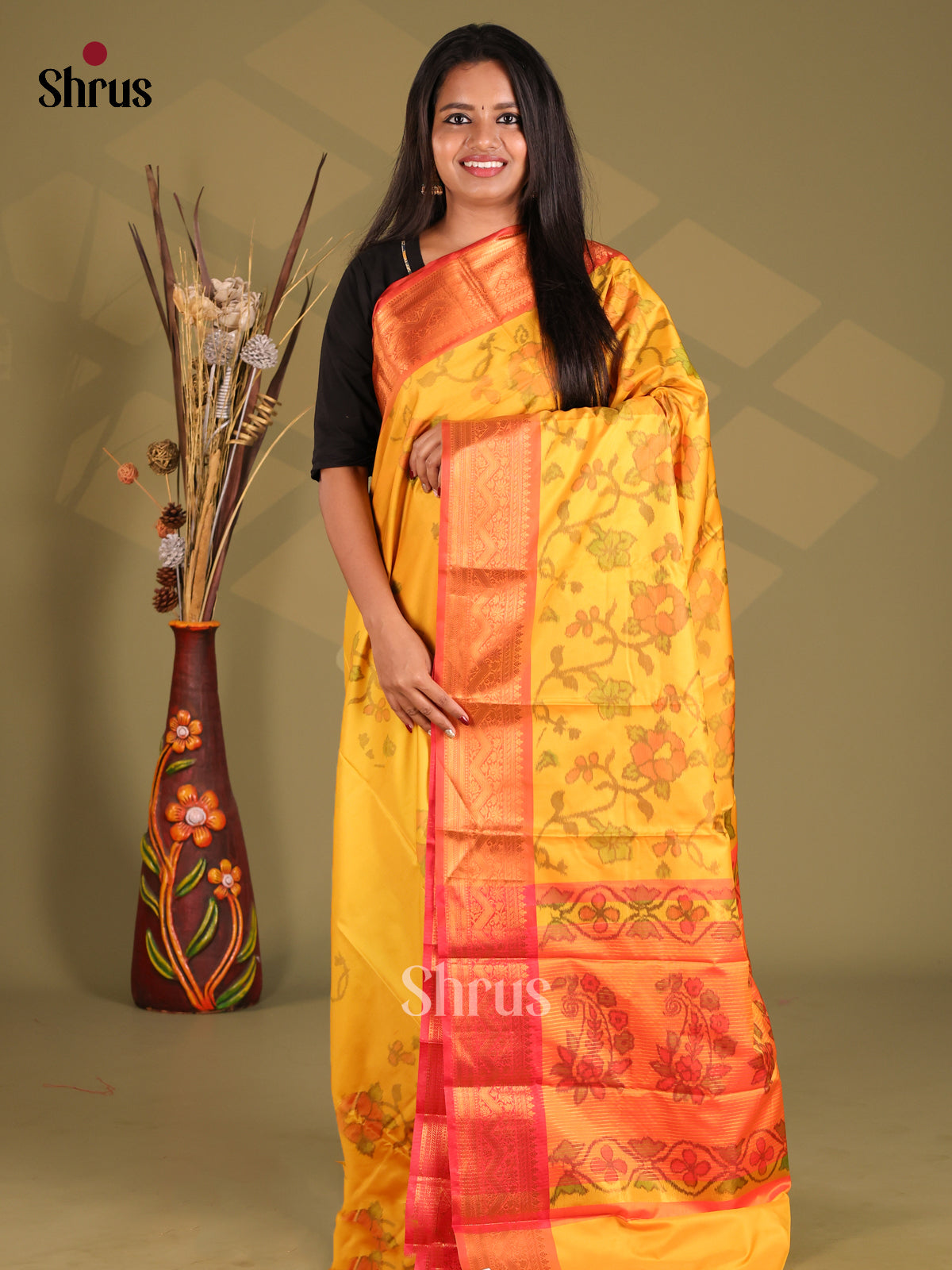 Yellow & Orange - Semi Pochampally Saree - Shop on Shrus.com