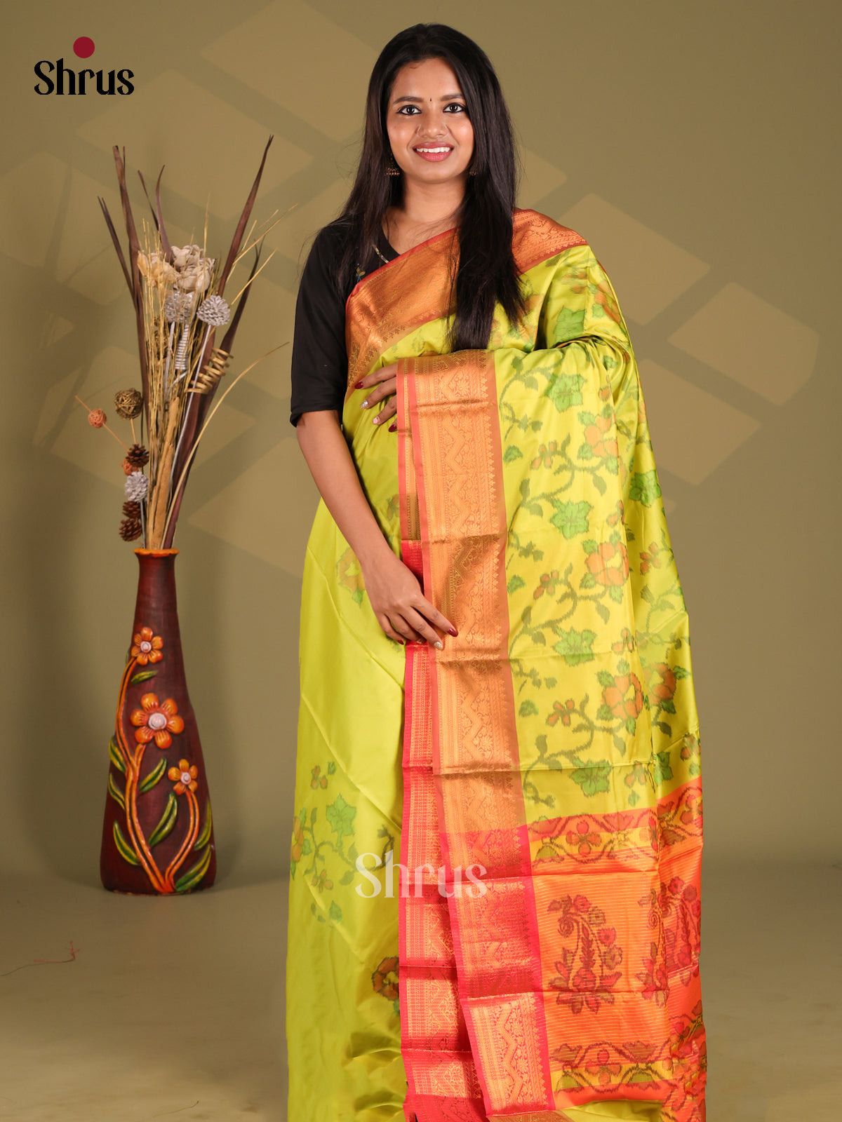 Lime Green & Orange - Semi Pochampally Saree - Shop on Shrus.com