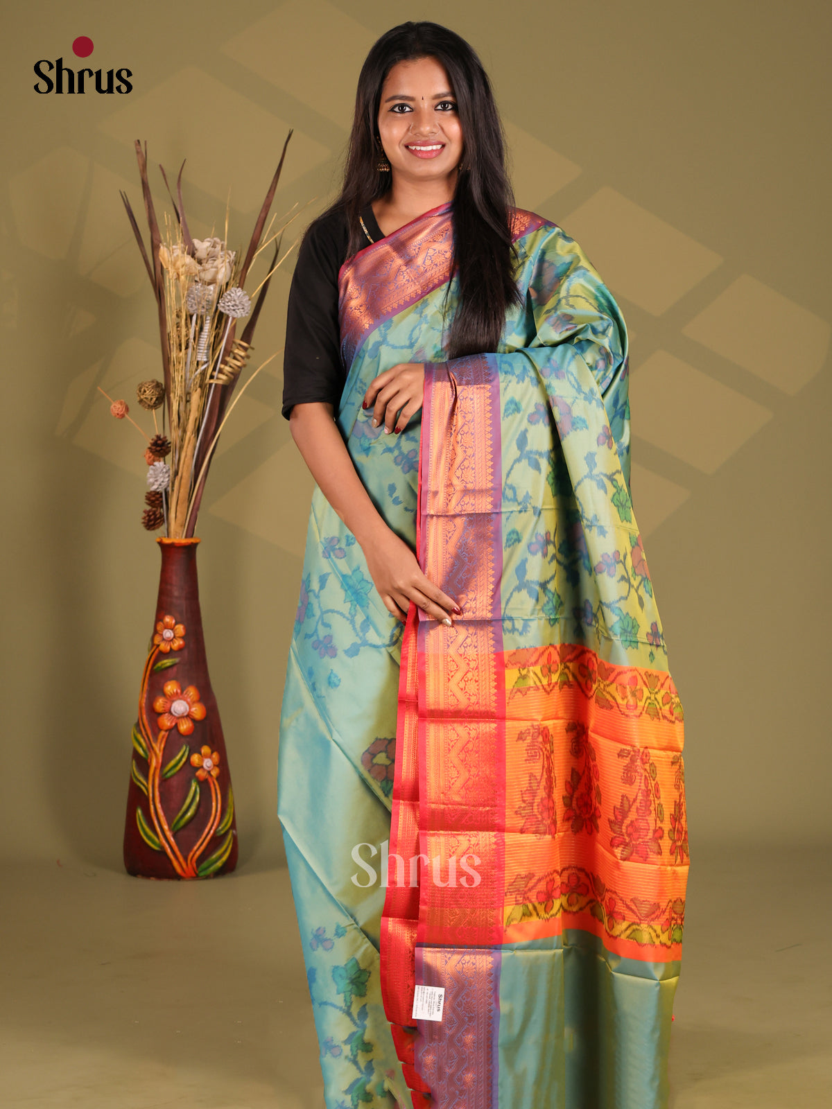 Blue & Orange - Semi Pochampally Saree