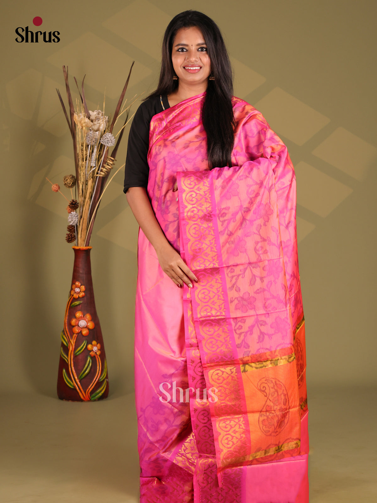Pink & Orange - Semi Pochampally Saree - Shop on Shrus.com