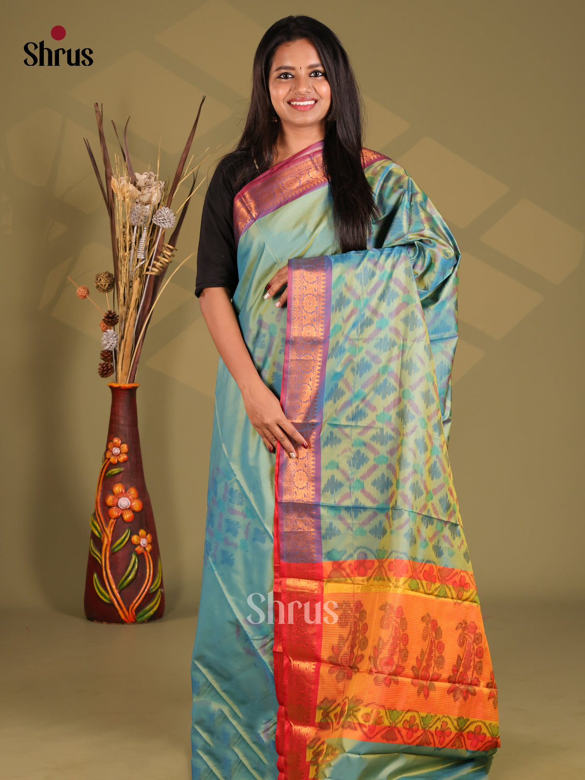 Green & Purple- Semi Pochampally Saree - Shop on Shrus.com