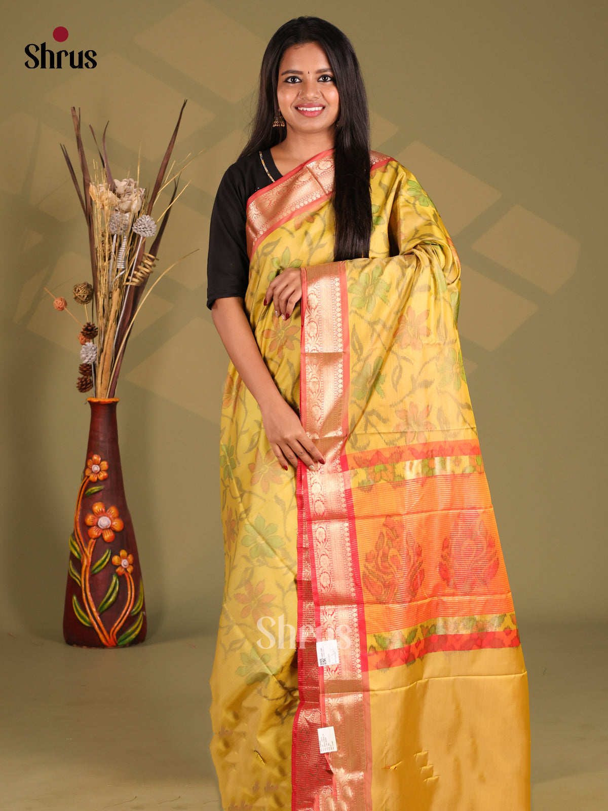 Yellow & Orange - Semi Pochampally Saree - Shop on Shrus.com