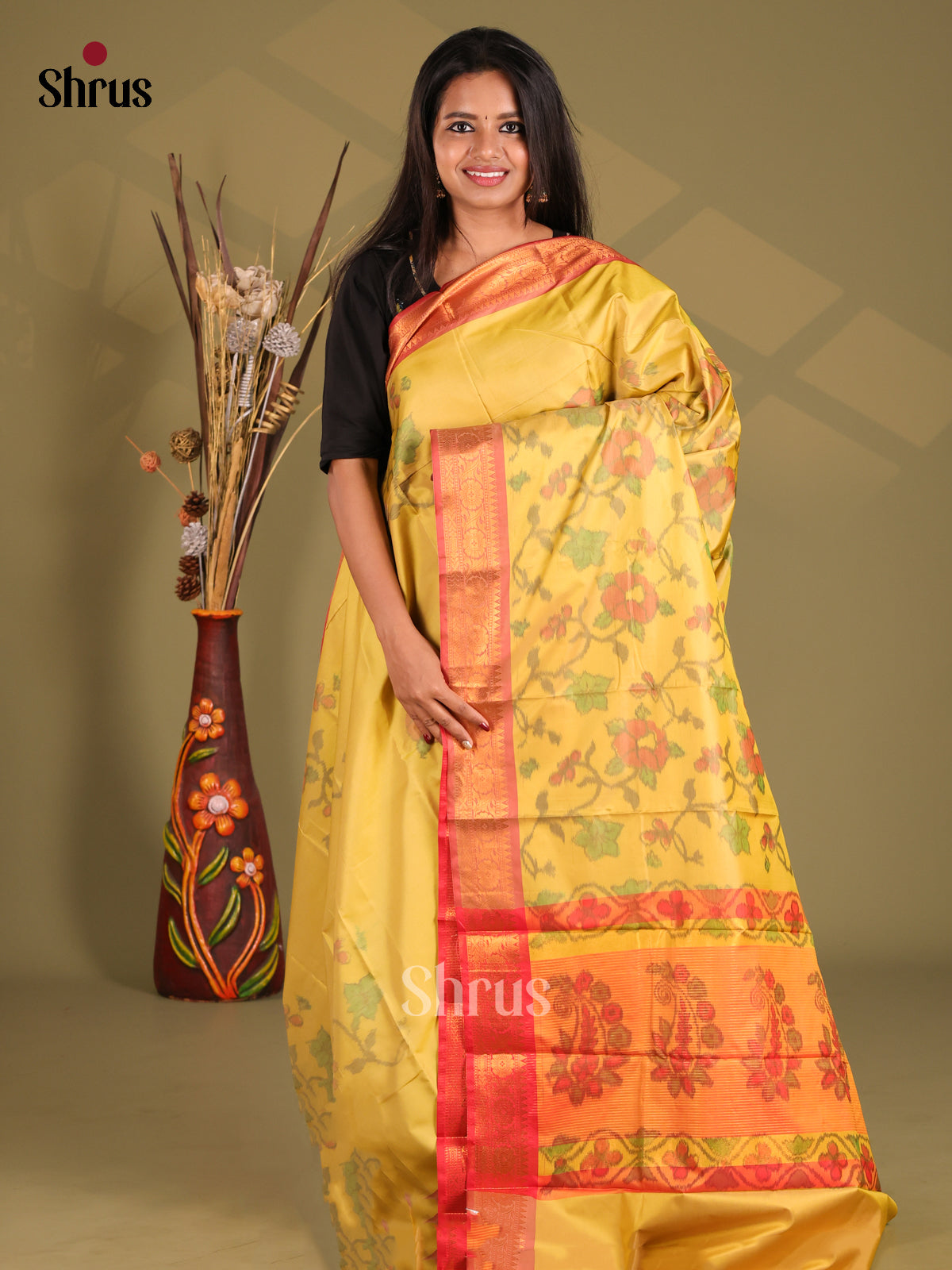 Yellow & Orange - Semi Pochampally Saree - Shop on Shrus.com