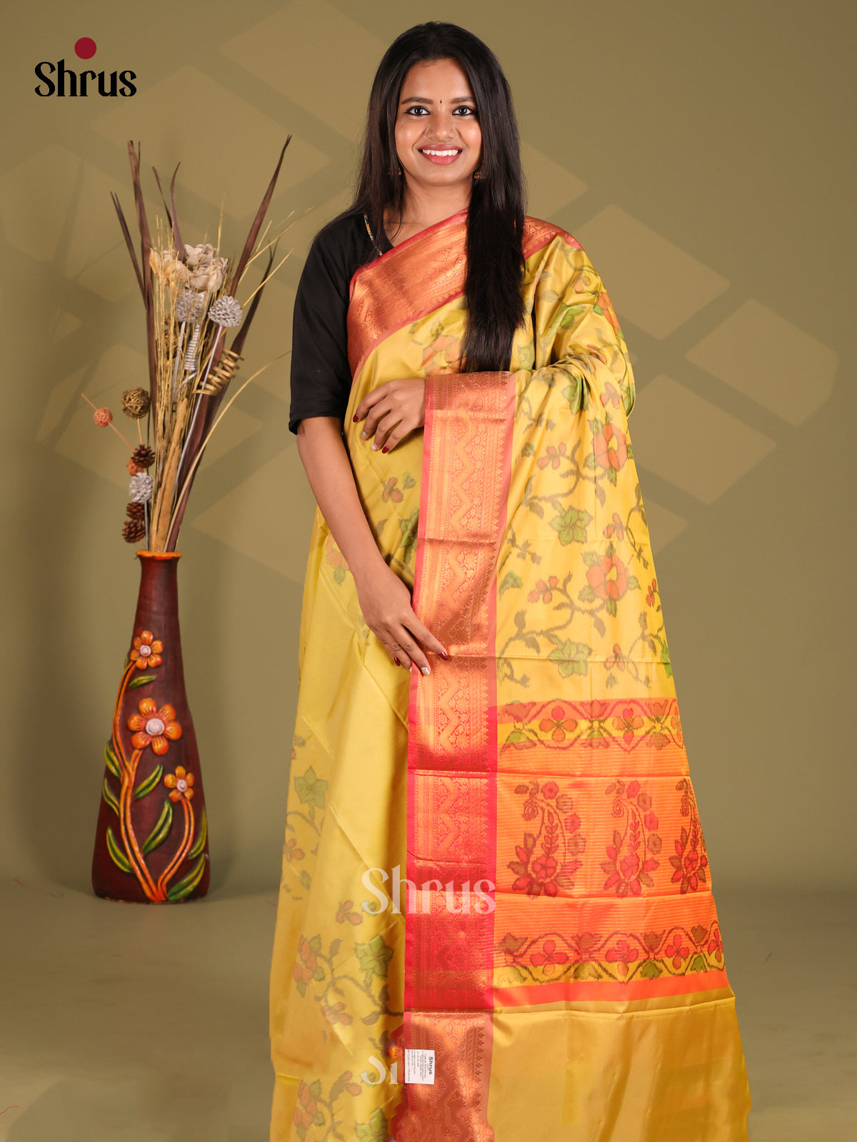 Yellow & Orange - Semi Pochampally Saree - Shop on Shrus.com