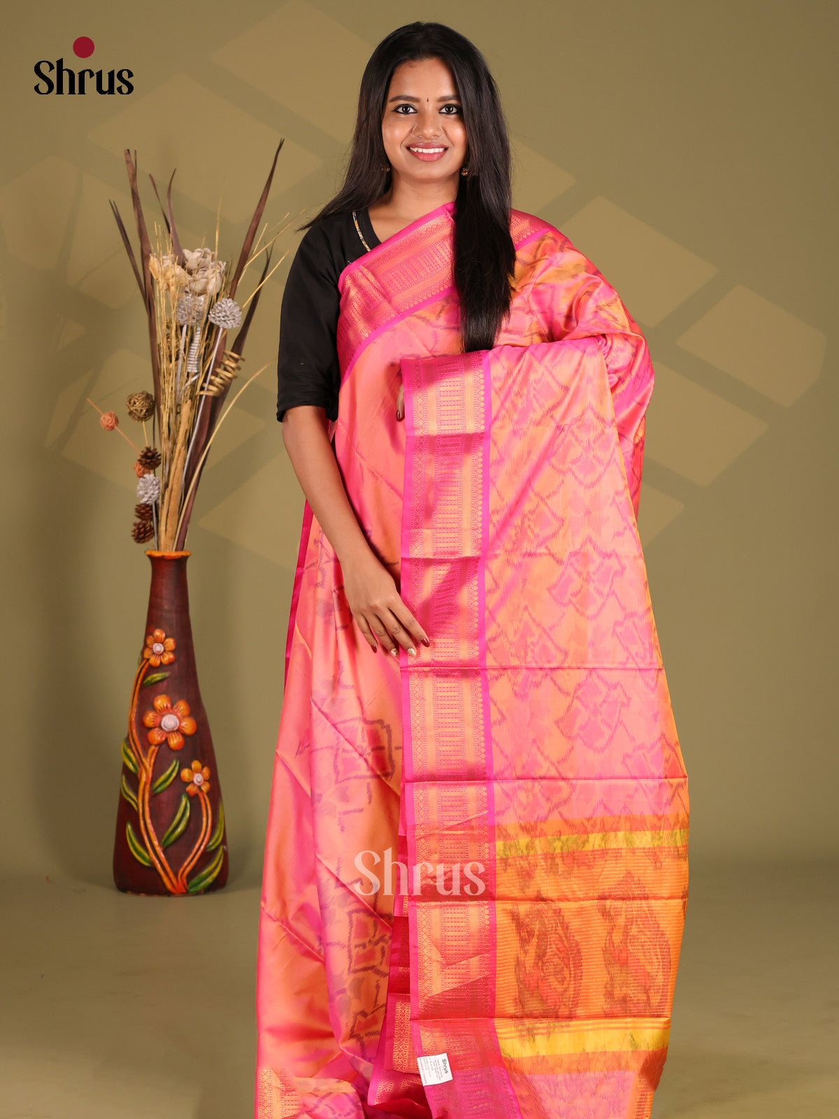 Pink & Orange- Semi Pochampally Saree - Shop on Shrus.com