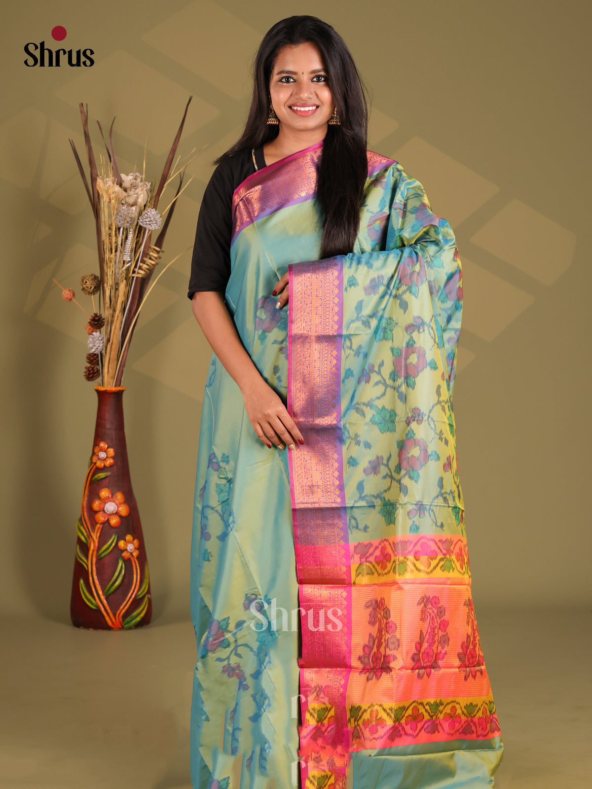 Pastel Green & Purple- Semi Pochampally Saree - Shop on Shrus.com
