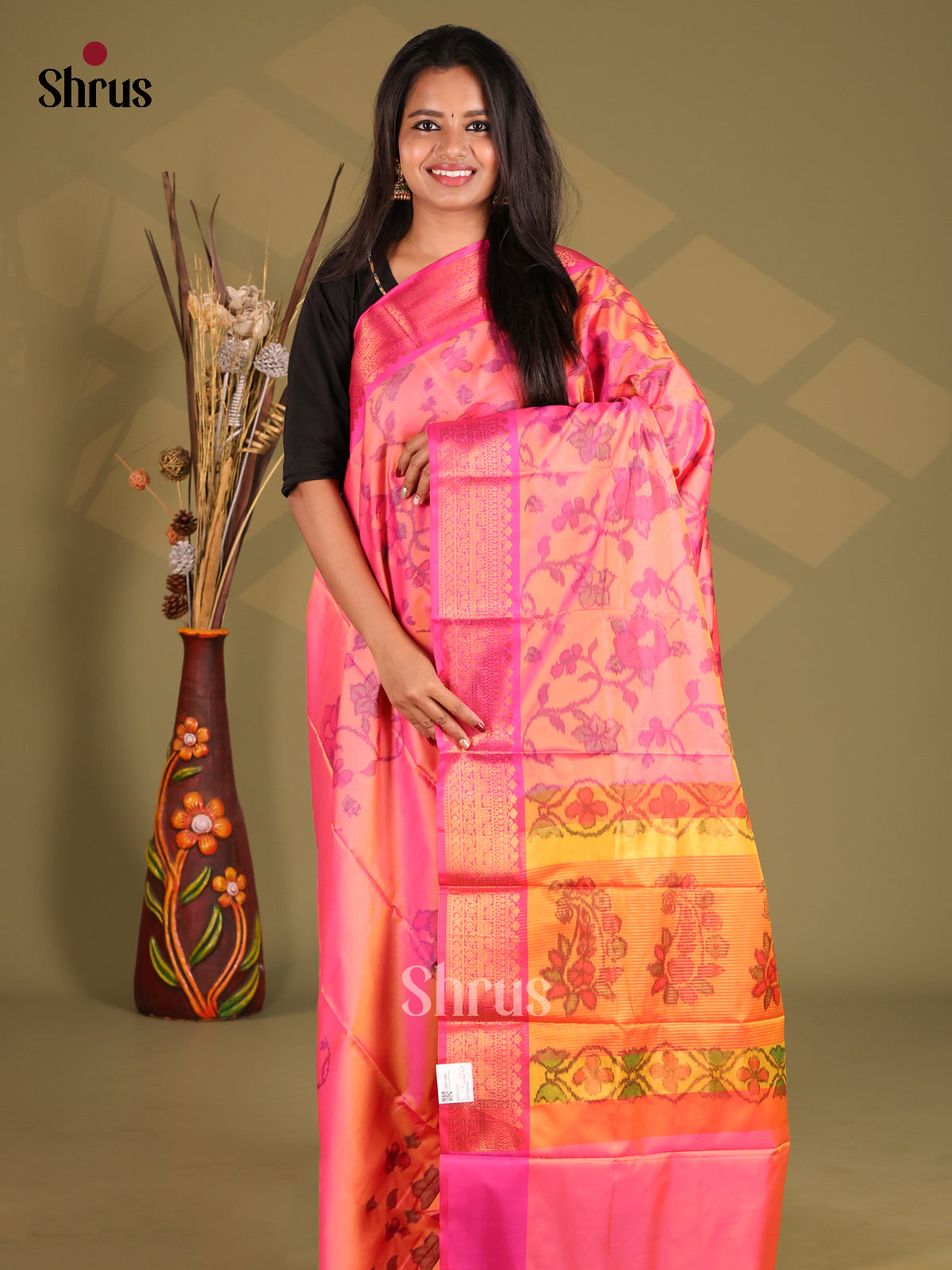 Pink & Orange- Semi Pochampally Saree - Shop on Shrus.com
