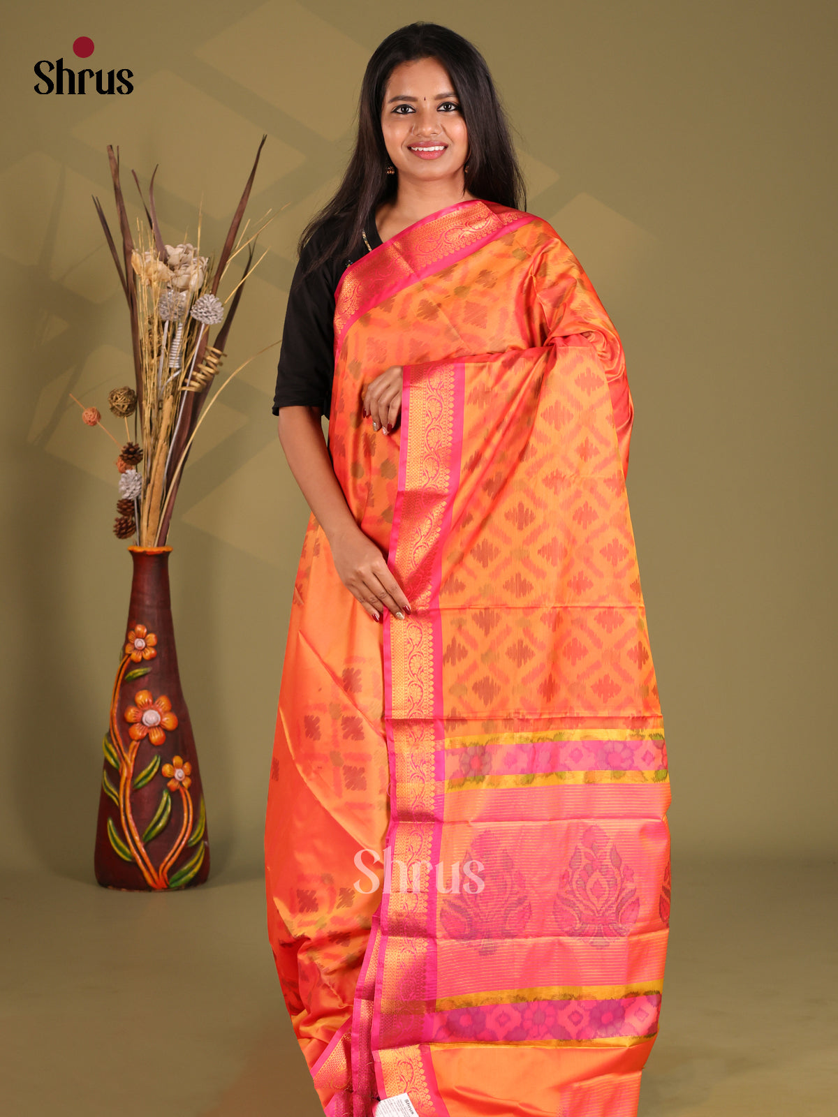 Orange & Pink- Semi Pochampally Saree - Shop on Shrus.com