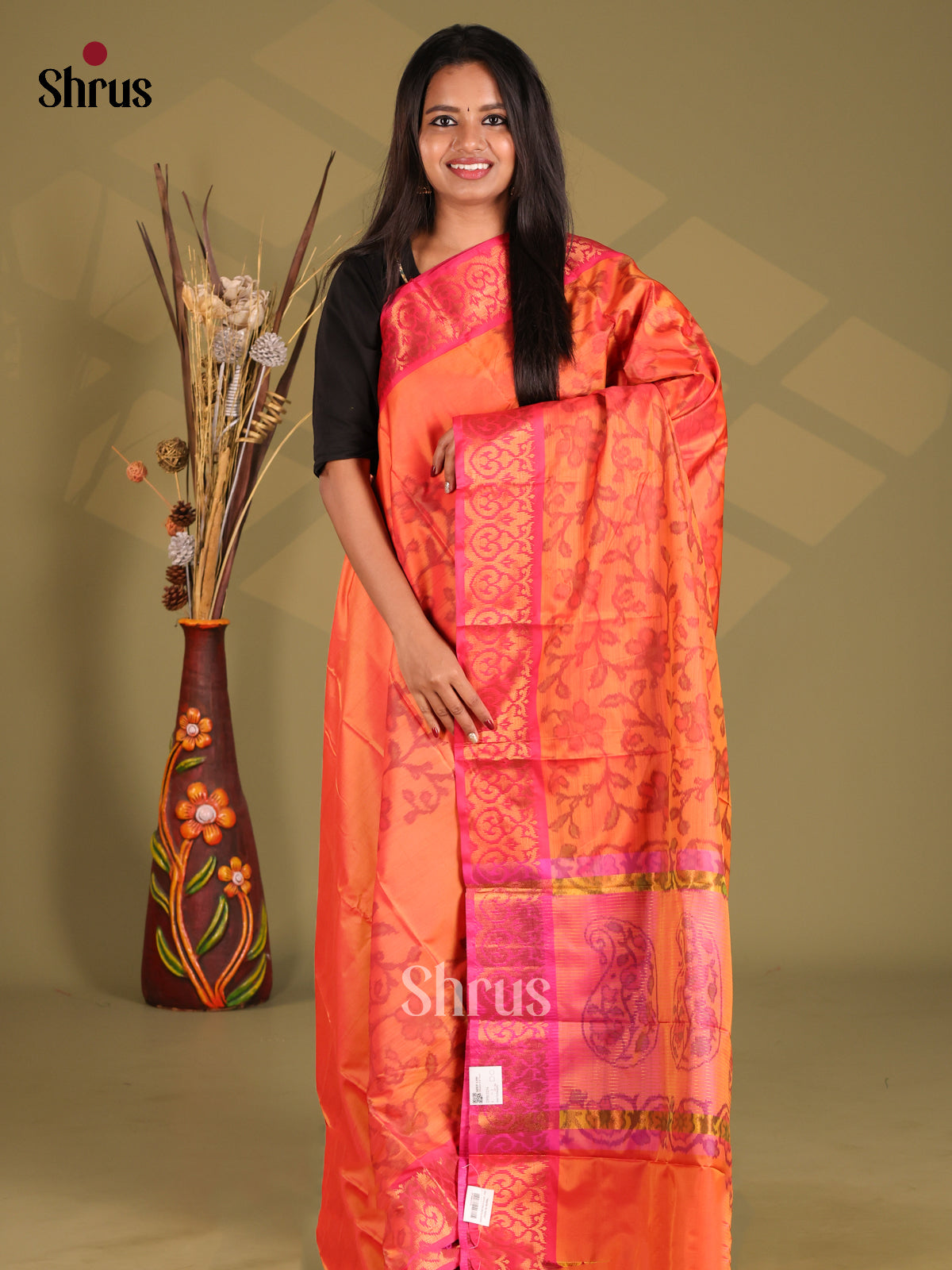 Orange & Pink - Semi Pochampally Saree - Shop on Shrus.com