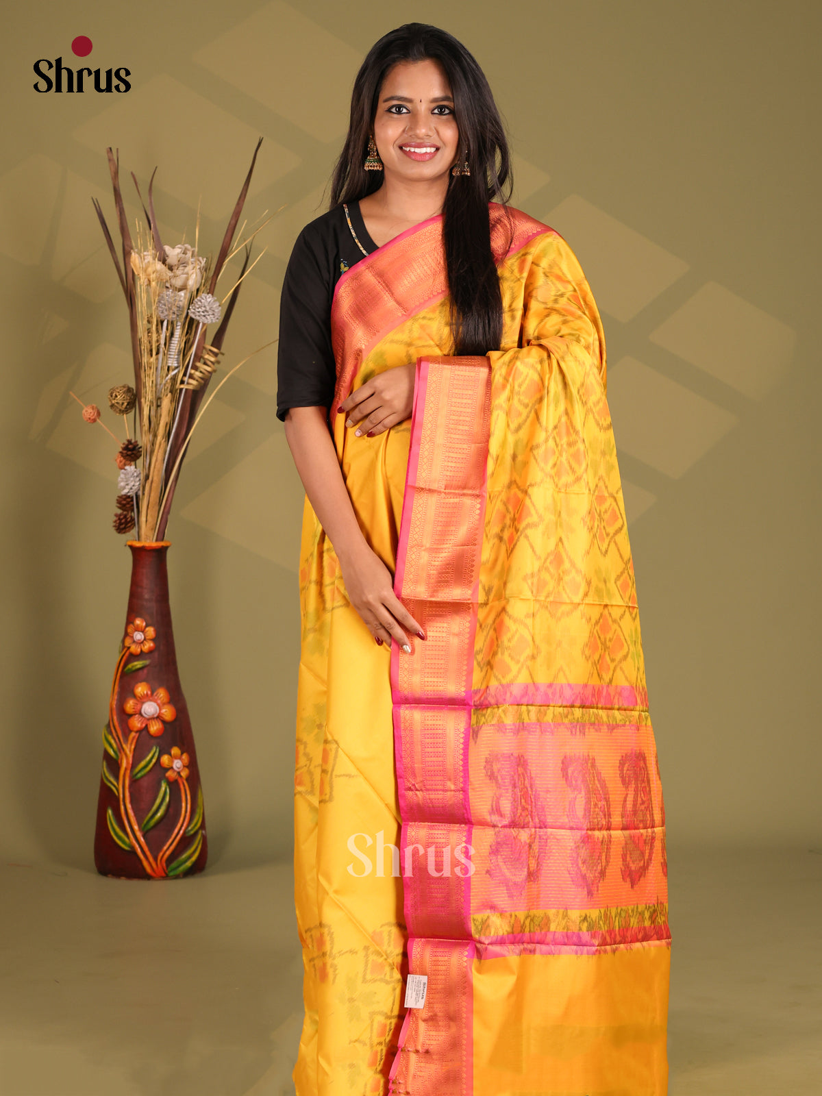 Yellow & Pink - Semi Pochampally Saree - Shop on Shrus.com