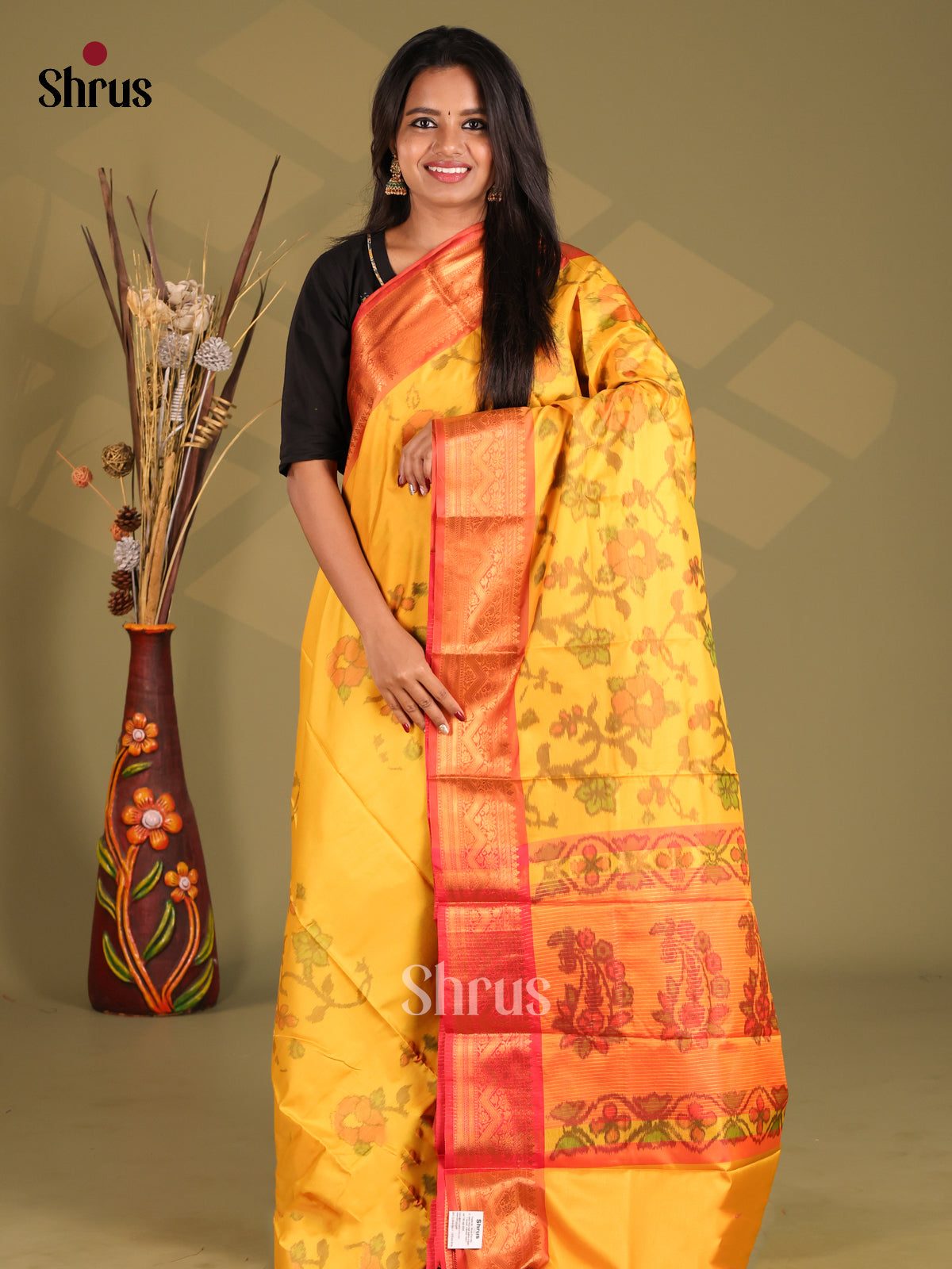 Yellow & Orange - Semi Pochampally Saree - Shop on Shrus.com
