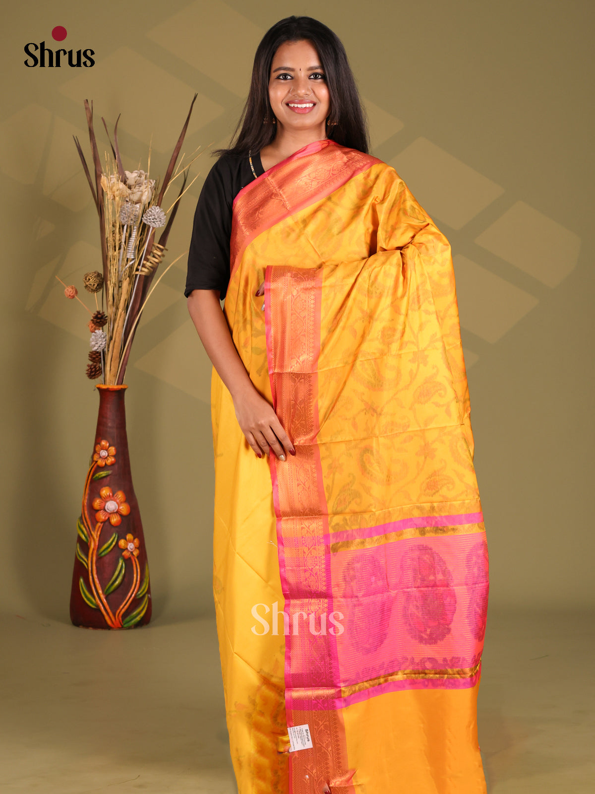 Yellow & Pink - Semi Pochampally Saree - Shop on Shrus.com