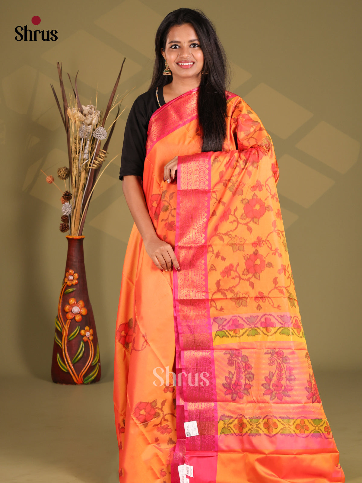 Orange & Pink- Semi Pochampally Saree - Shop on Shrus.com