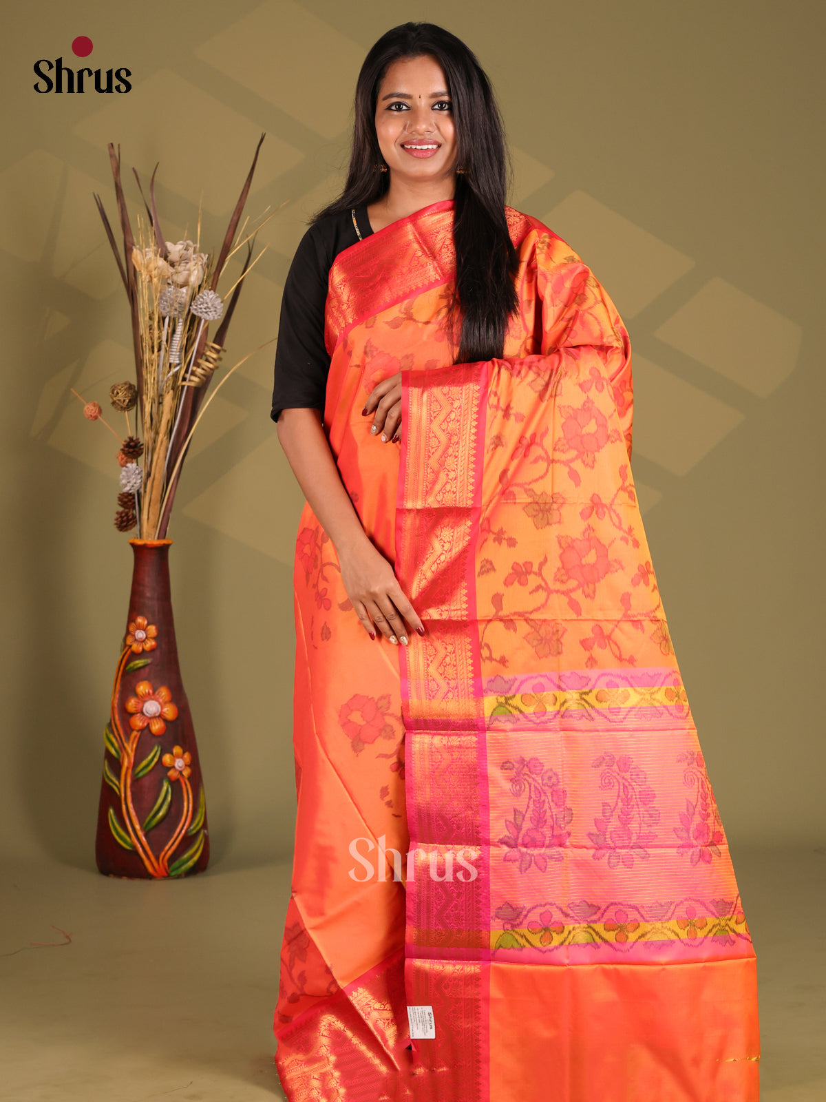 Orange & Pink - Semi Pochampally Saree - Shop on Shrus.com