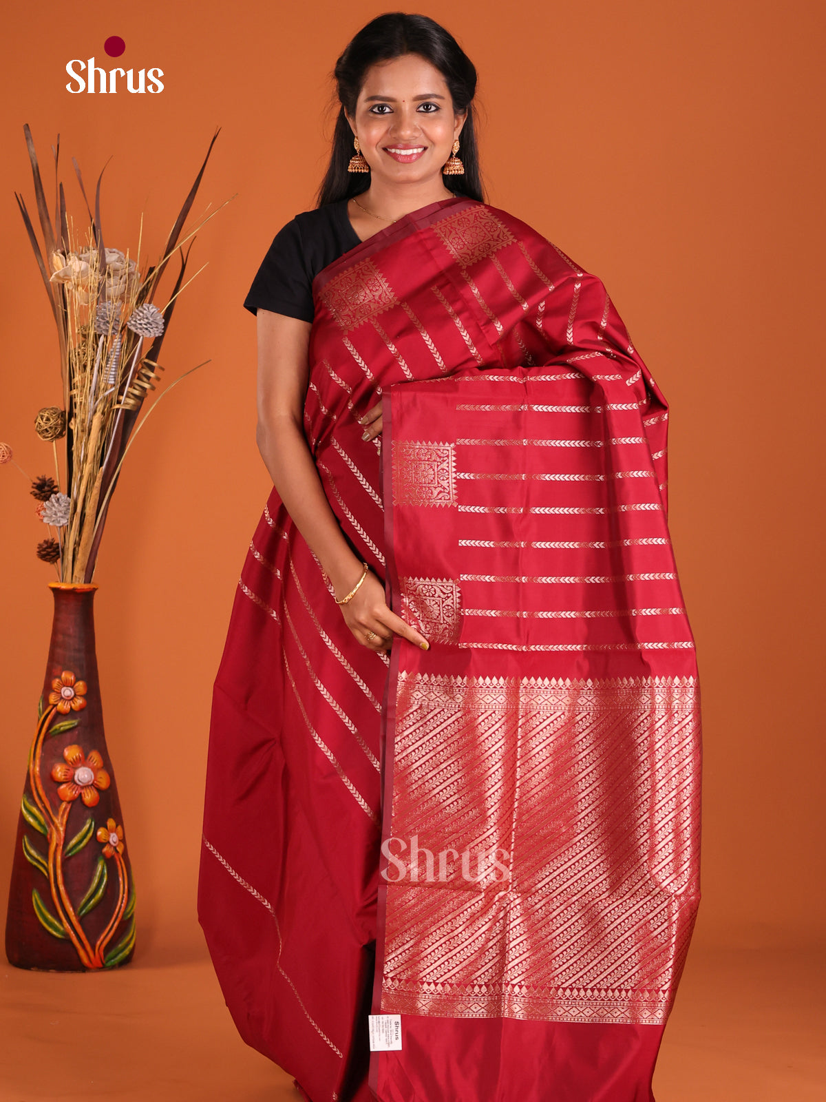 Maroon - Semi Softsilk Saree - Shop on Shrus.com