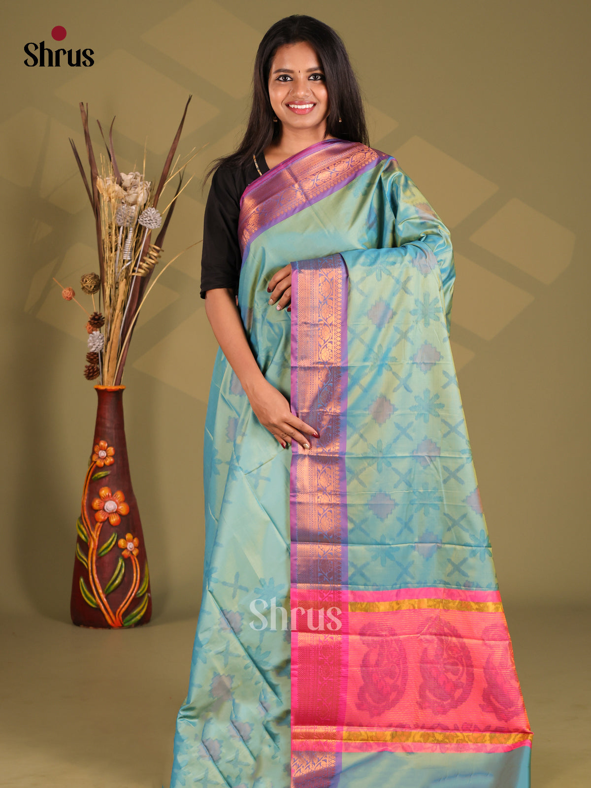 Blue & Orange - Semi Pochampally Saree