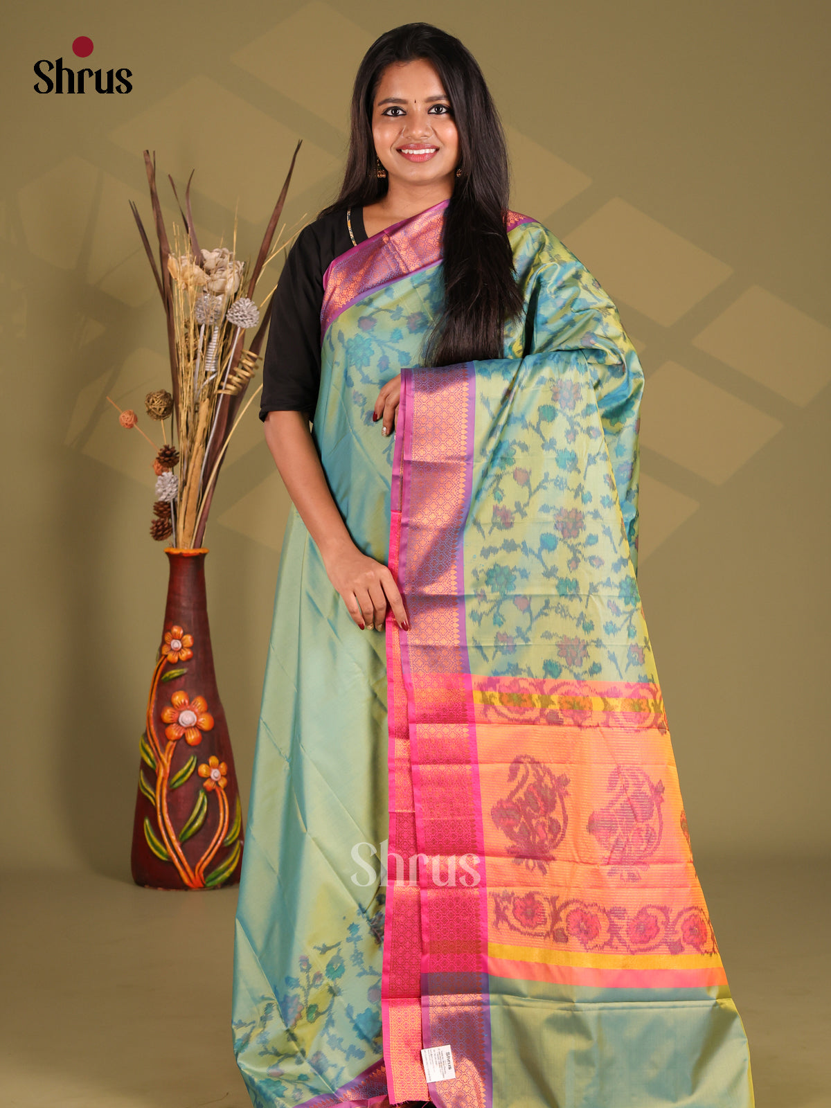 Blue & Orange - Semi Pochampally Saree