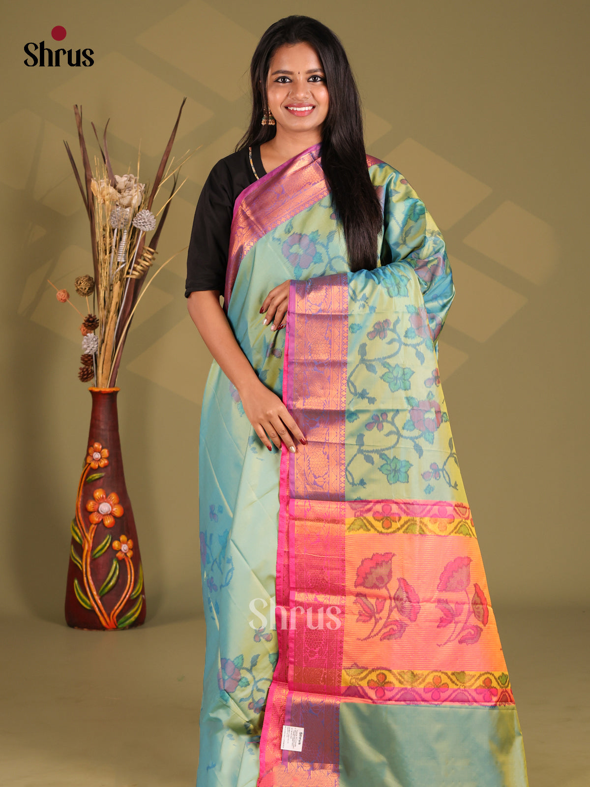 Blue & Orange - Semi Pochampally Saree
